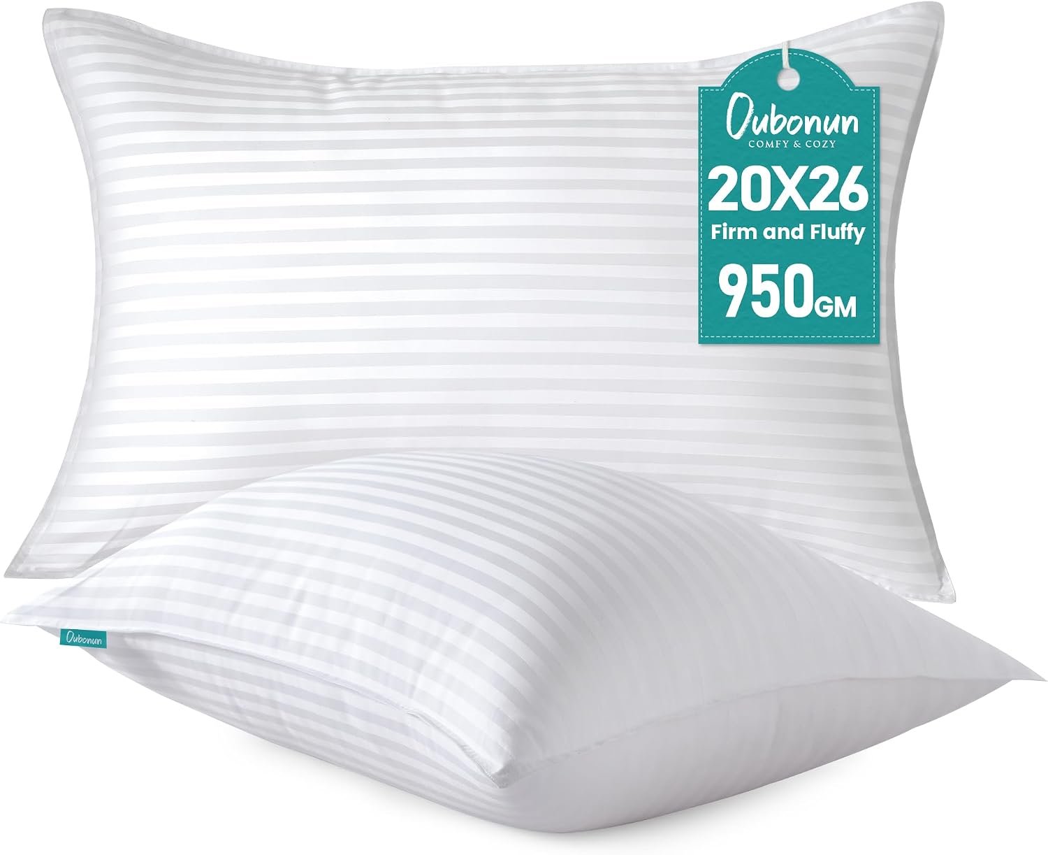 Oubonun Standard Size Pillows Set of 2 – Fluffy & Supportive Down Alternative Pillows with Zippered Cotton Cover – Breathable and Cool for All Sleeping Positions – Machine Washable – 20″x26″