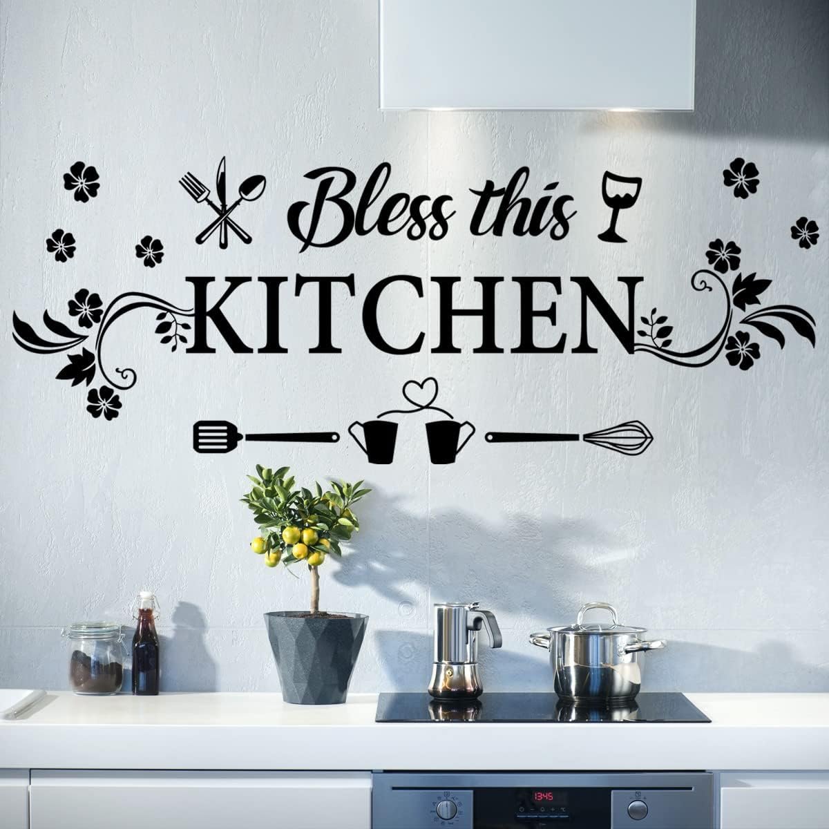 Kitchen Quotes Wall Decor Sticker – Bless This Kitchen Decals With Flower Art – Removable DIY Vinyl Stickers for Dining, Baking Room, Bar, Restaurant, Home Decor