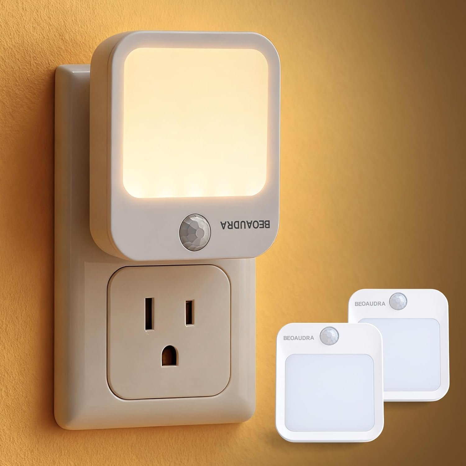 Motion Sensor Night Light Plug in – 5 Level Dimmable Warm White LED, Ultra Slim Auto Shut-Off Nightlight for Bedroom Bathroom Hallway, 0.5W, 2 Pack