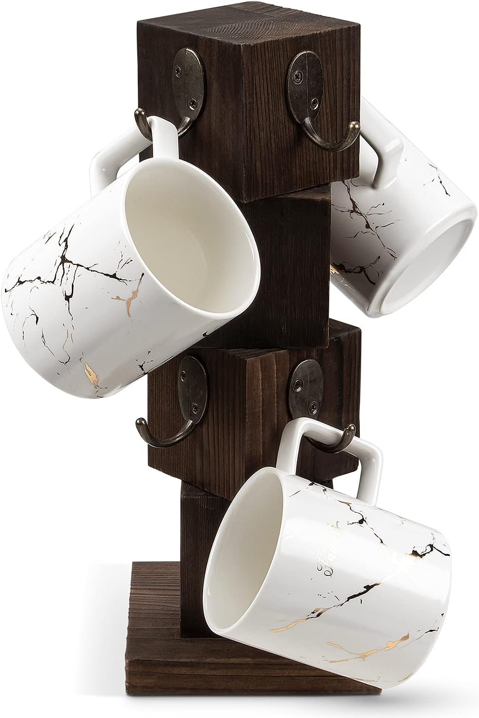 PUERSI Coffee Mug Holder for Counter, Rustic Solid Wood Mug Tree, Farmhouse Wooden Coffee Cup Rack with 8 Hooks (Rustic Brown)