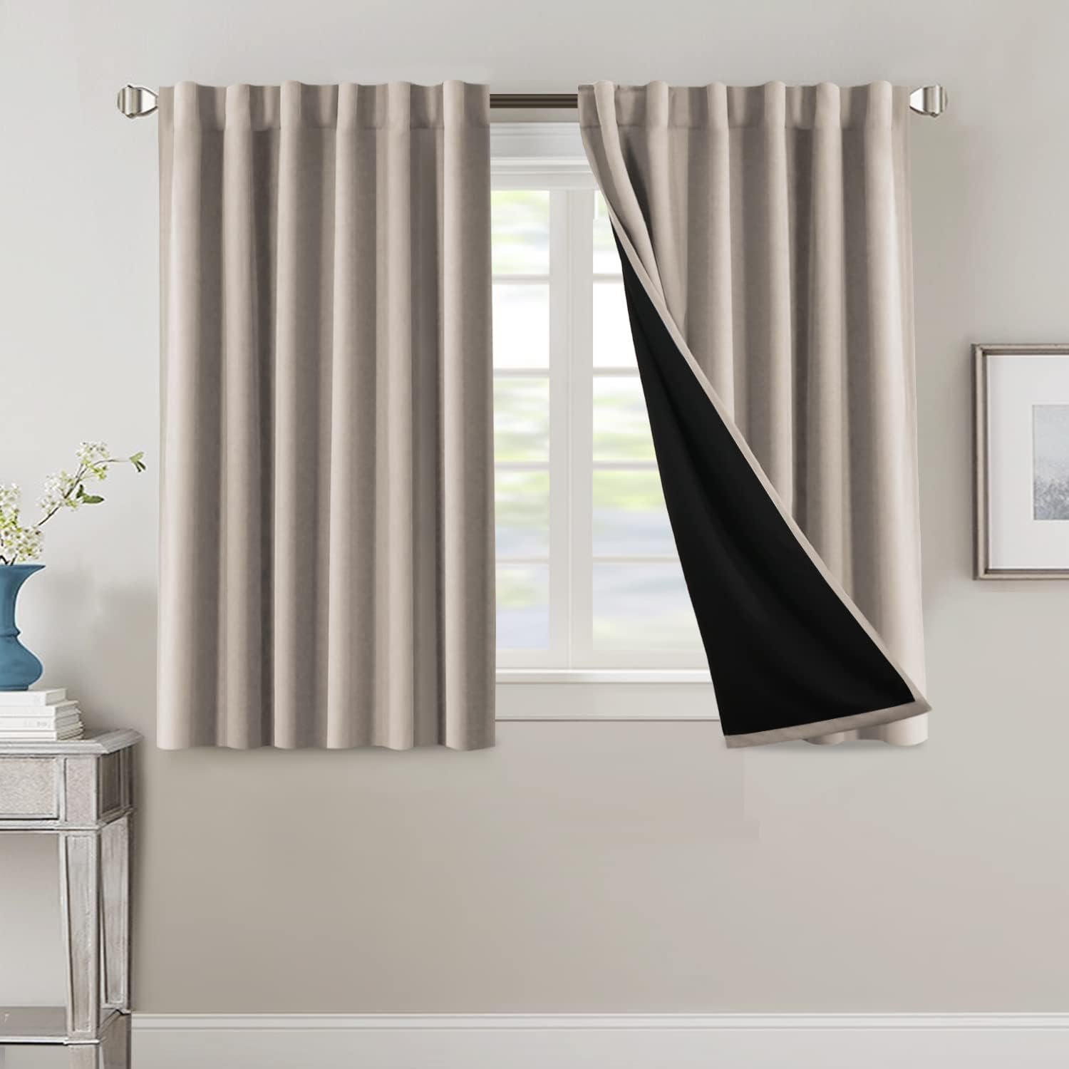 H.VERSAILTEX 100% Blackout Curtains for Bedroom with Black Liner Full Room Darkening Curtains 45 Inch Long Thermal Insulated Back Tab/Rod Pocket Window Drapes for Living Room, 2 Panels, Natural Sand