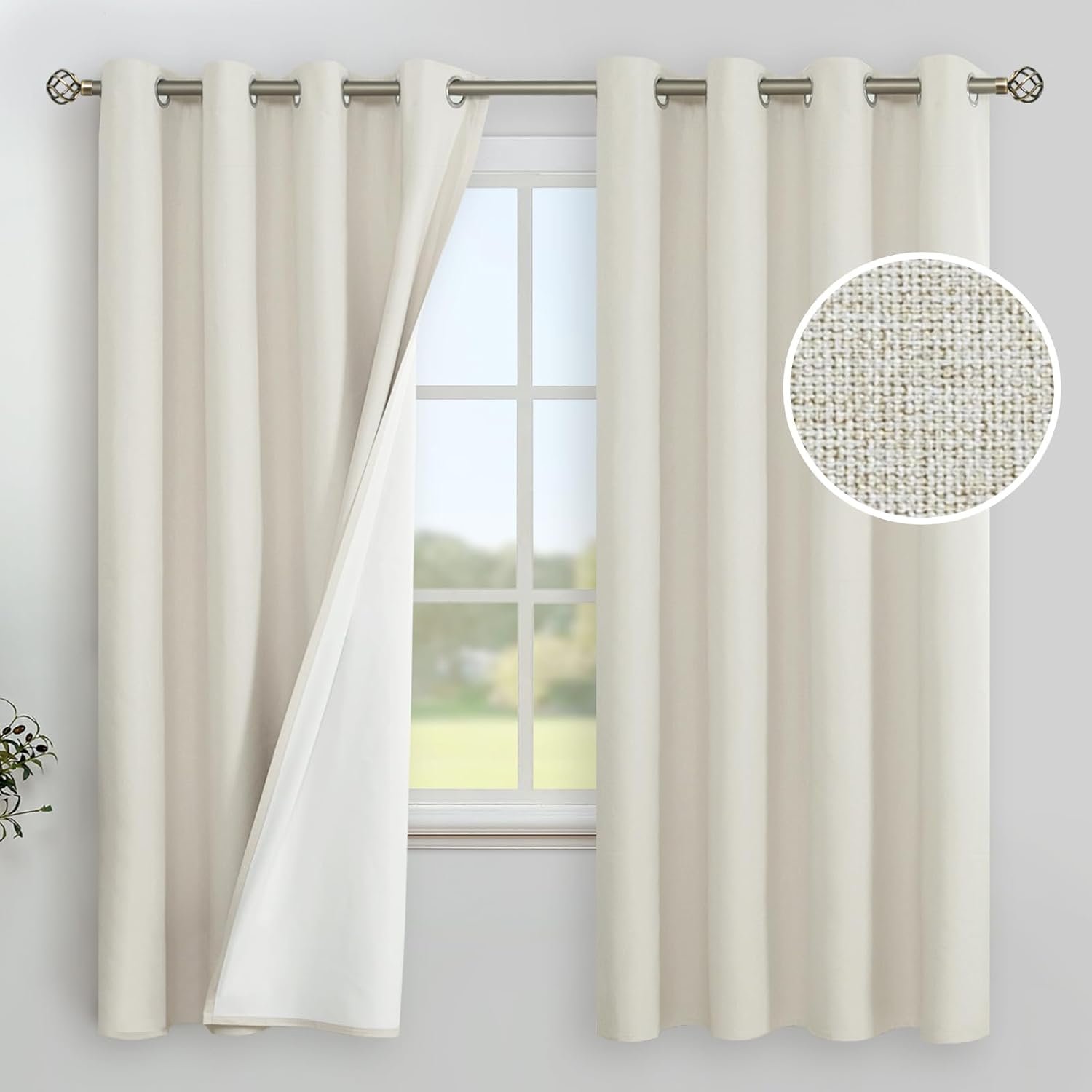 YoungsTex Linen Blackout Curtains 63 Inches Long for Bedroom, Room Darkening Window Drapes with Grommet Thermal Insulated Black Out for Living Room, 2 Panels, 52 X 63 Inch