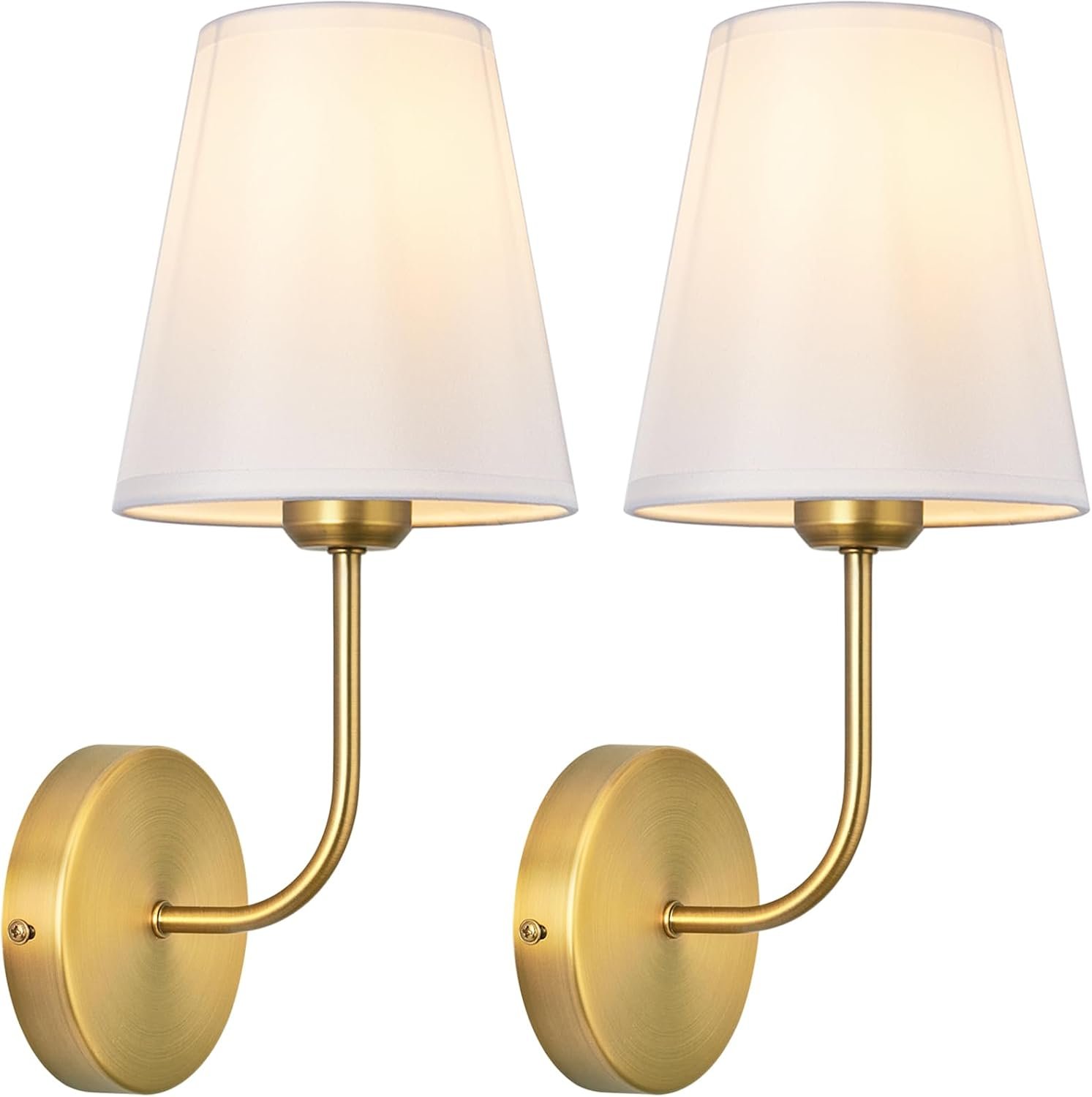 Antique Brass Hardwired Wall Sconce Set of 2 – Gold Finish with White Fabric Shades，Bedroom Lighting, Living Room, Farmhouse, Fireplace, Hallway, Bedside Lamp,Bathroom Wall Lights