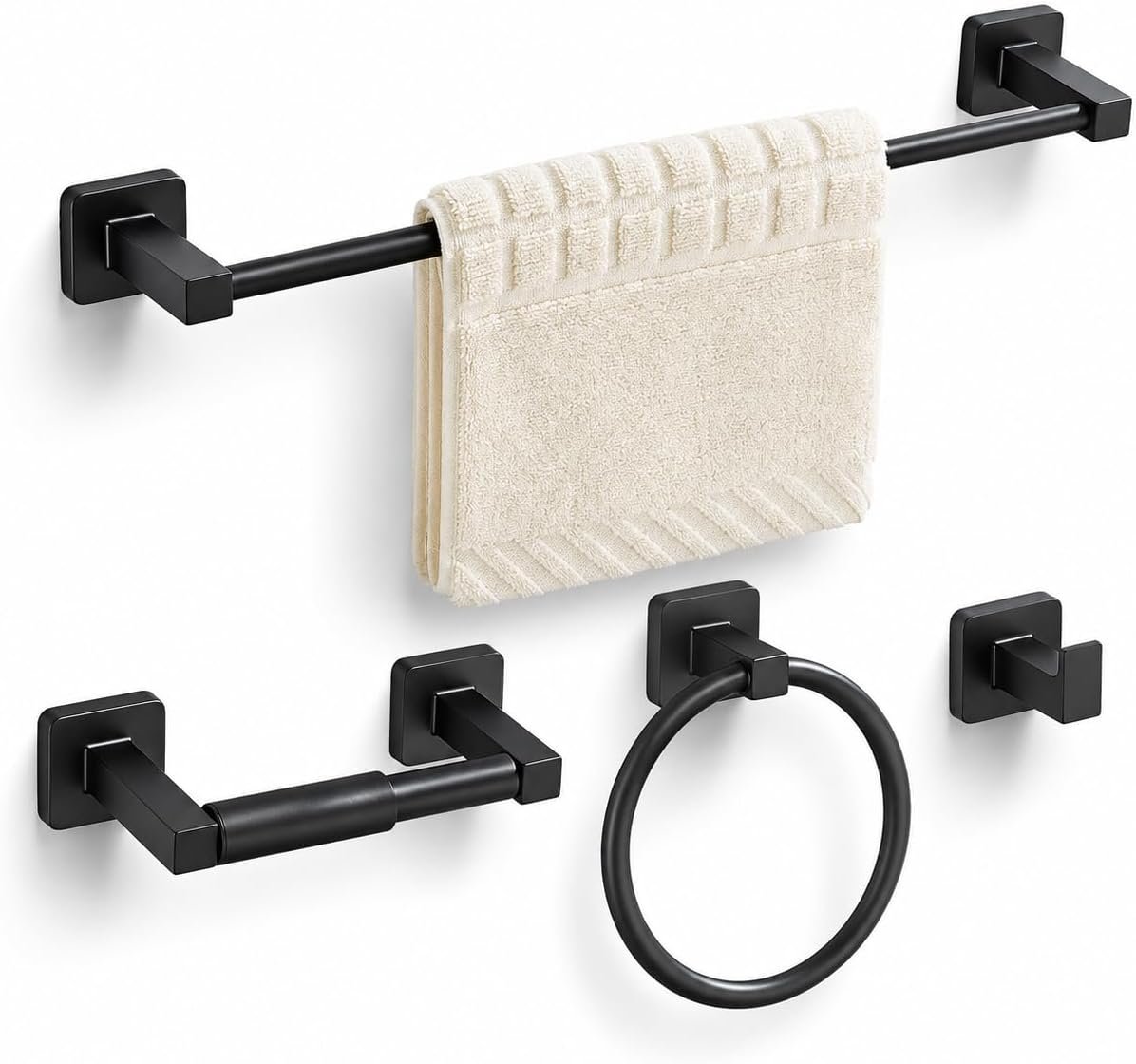 Matte Black Bathroom Hardware Set 4 Pieces,Towel Bar Set Stainless Steel Wall Mounted, Includes 16In Hand Towel Bar, Towel Ring, Robe Towel Hooks,Toilet Paper Holder, Bathroom Towel Rack Set