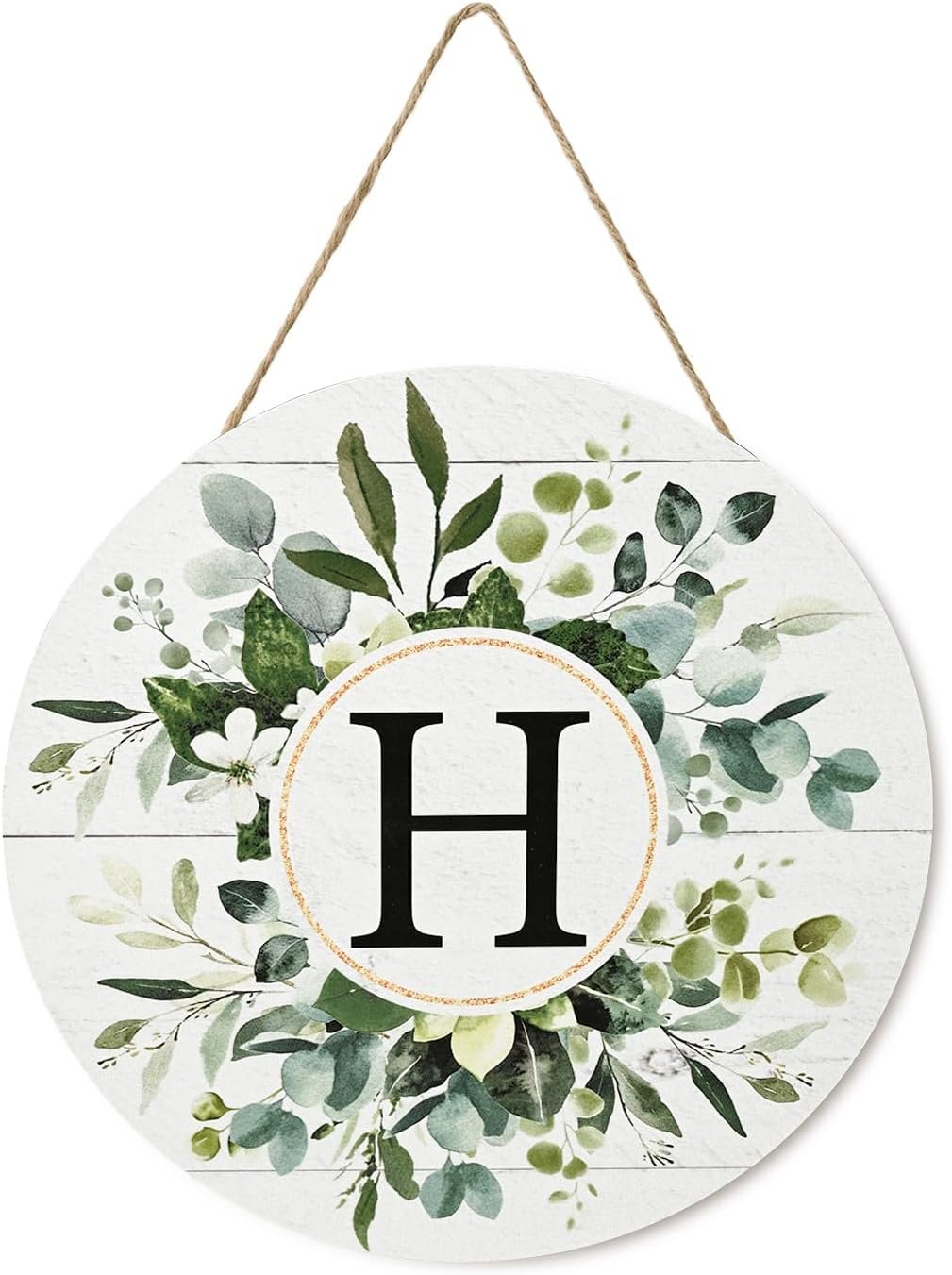 Smile Monogram Letter H Wreaths Wooden Welcome Sign, Family Last Name Initial Front Door Wall Decoration, Floral Spring Summer Porch Rustic Home Kitchen Decor