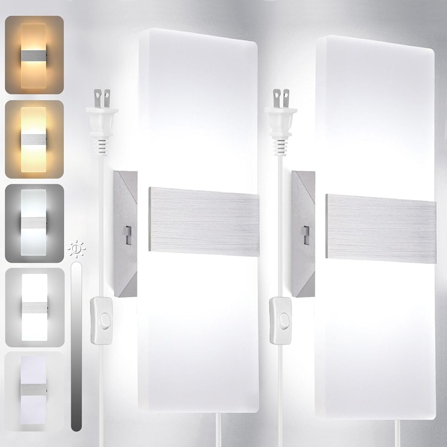 TRLIFE Wall Sconces Plug in, Adjustable 4 Color Temperature Modern LED Wall Sconce, 12W Acrylic Wall Mounted Light Set of 2 Wall Lights with 6FT Plug in Cord for Bedroom Bedside(2 Pack, Silver)