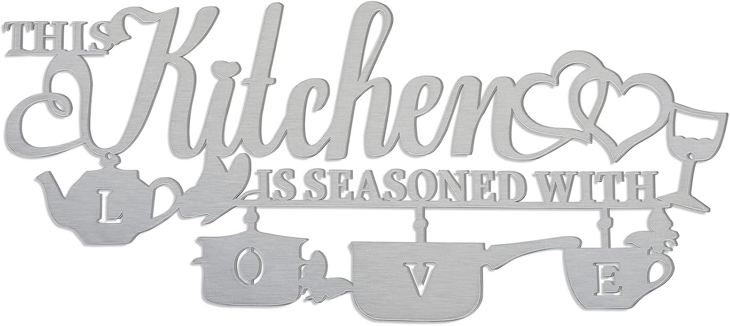 Metal Kitchen Wall Decor, This Kitchen is Seasoned with Love Word Name Sign Hanging Wall Art Hanging Sculptures, Silvery Rustic Iron Letters Quotes Wall Pediments for Kitchen Farmhouse