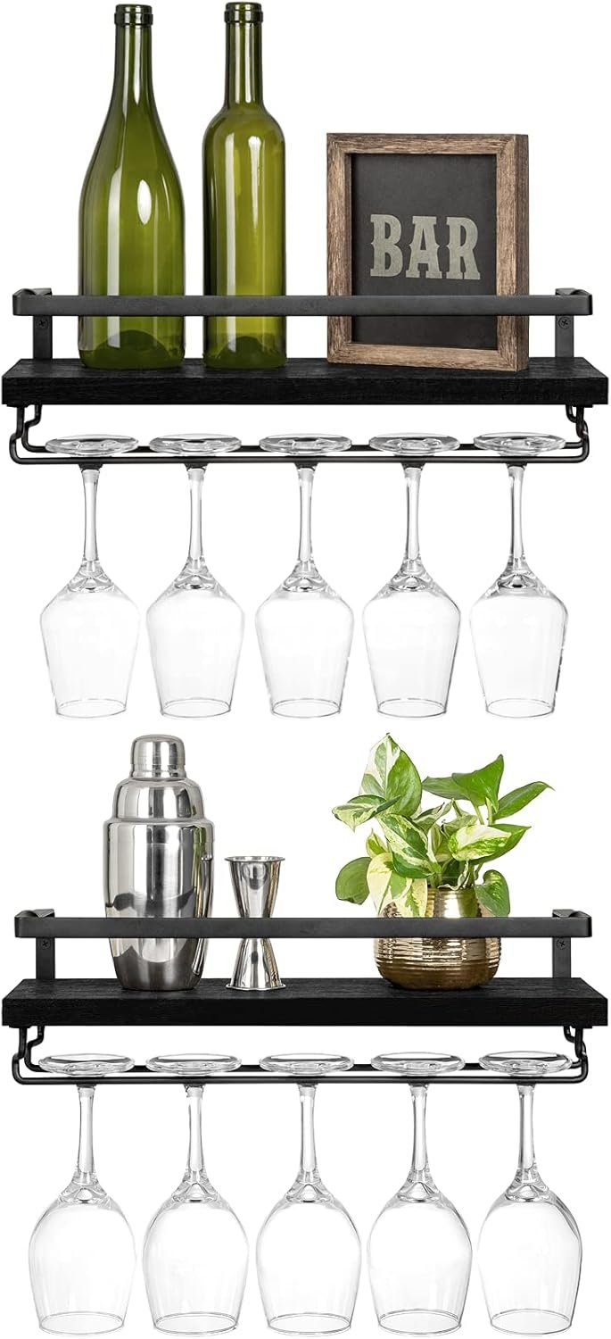 Mkono Wall Mounted Wine Rack Set of 2 Wood Shelf Rustic Wine Bottle Glass Floating Shelves with Stemware Hanger Modern Plants Photos Wine Display Storage Holder for Kitchen Dining Room Bar, Black