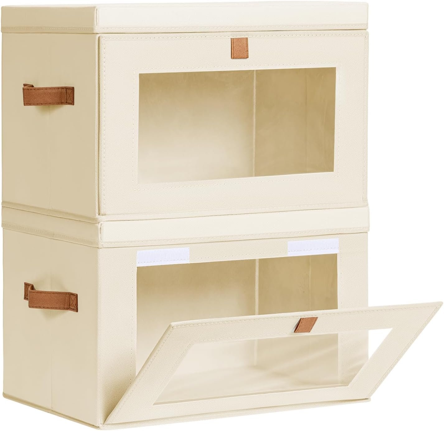 Homsorout Large Closet Storage Organizer – Clothes Storage Bins with Handles & Window, Collapsible Decorative Boxes with Lids, Fabric Containers for Living Room, Dorm, 2 Pack, Beige