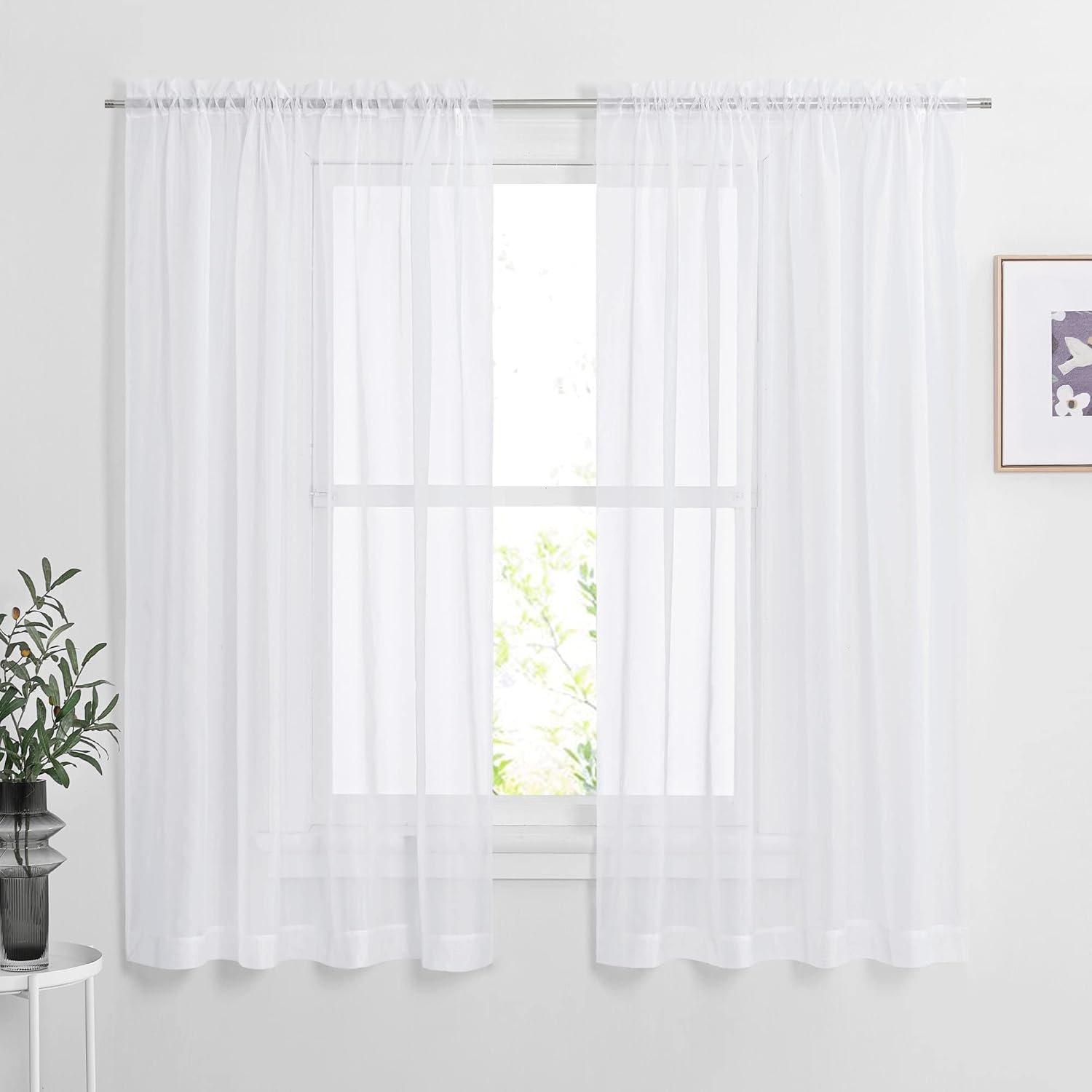 NICETOWN White Sheer Curtains 63 inch Length for Bedroom, Rod Pocket Translucent Voile Sheer Airy & Breathable Curtain Panels for Flat/Apartment, 2 Pieces, 60″ W