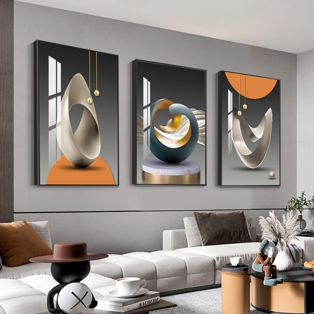 MPLONG Wall Art, Bright Style Framed Wall Art, Abstract Modern Art Shape Pattern White Blue Yellow Grey Wall Art Artfully Matching Living Room Bedroom Office Wall Decor – 20″x 28″x 3 Panels