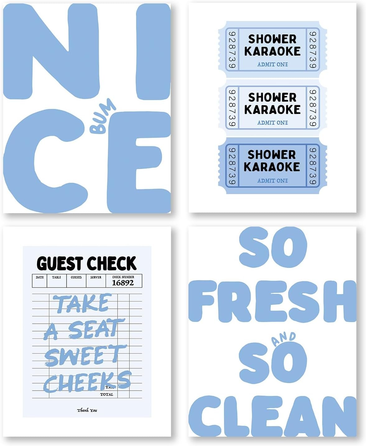 Pleonox Trendy Retro Funny Bathroom Canvas Wall Art Prints 8×10 Inch Set of 4, Light Blue Preppy Guest Check Sweet Cheeks Shower Karaoke Pictures Wall Decor for Bathroom Washroom, Unframed