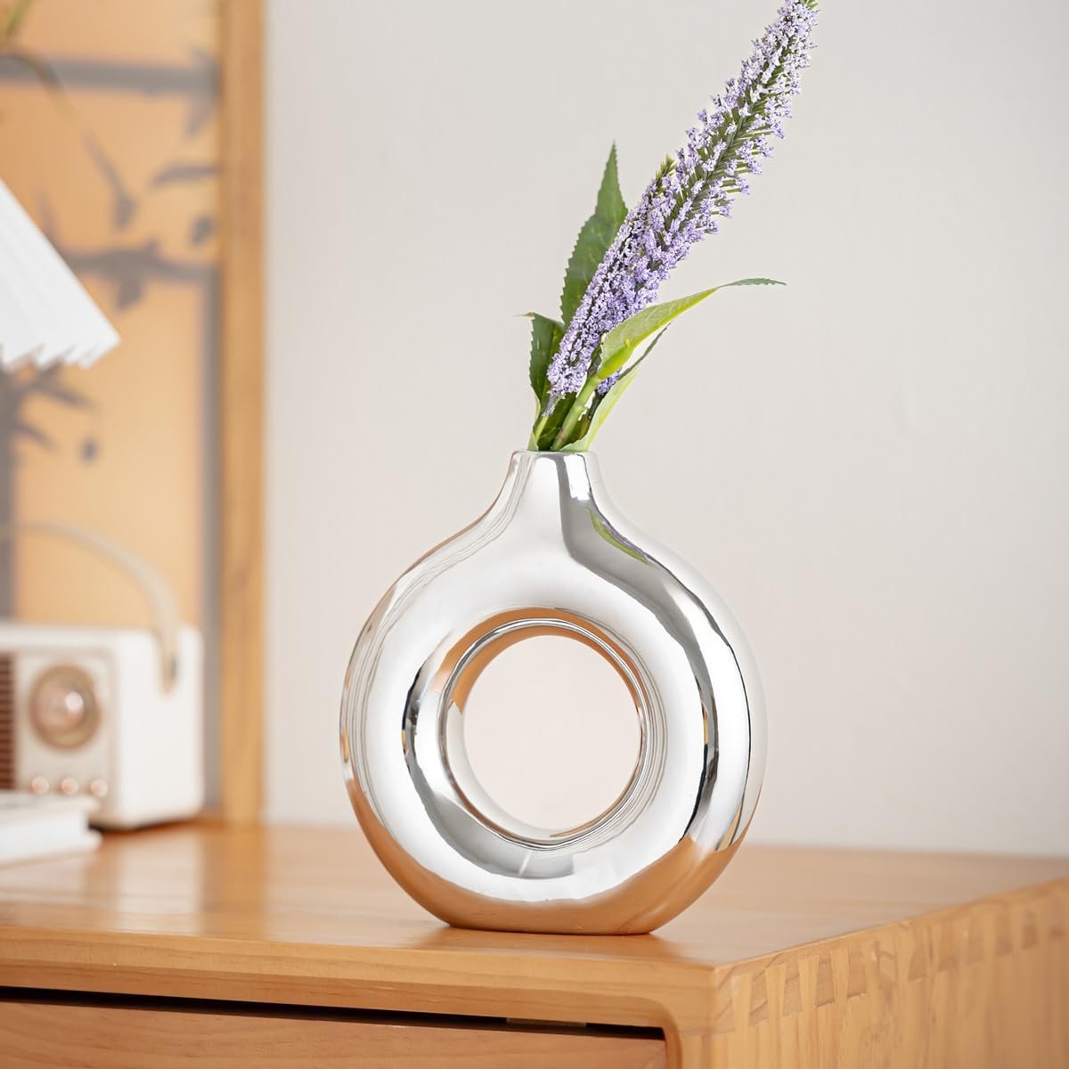 White and Gold Donut Vase, Modern Ceramic Vase for Pampas Grass, Perfect Centerpiece for Weddings, Living Room, and Office Decor (Full Silver, S)