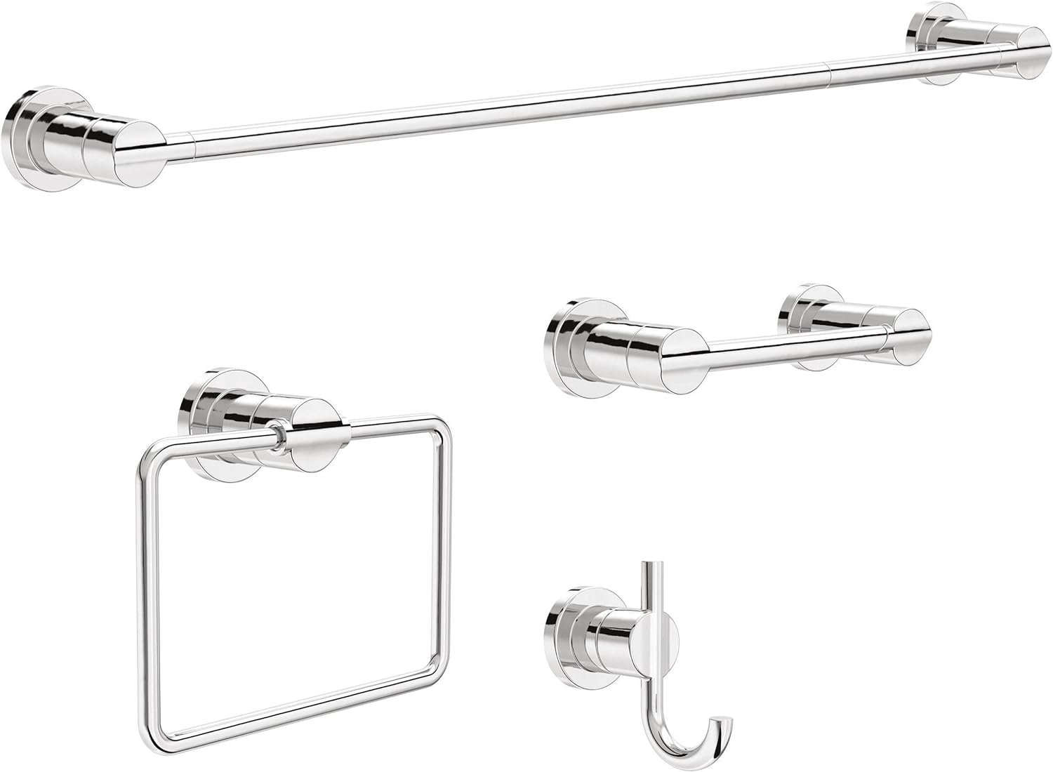 Delta 4-Piece Polished Chrome Bathroom Set Towel Rack, Ring, Toilet Paper Holder, Hook | Nicoli Bath Accessories