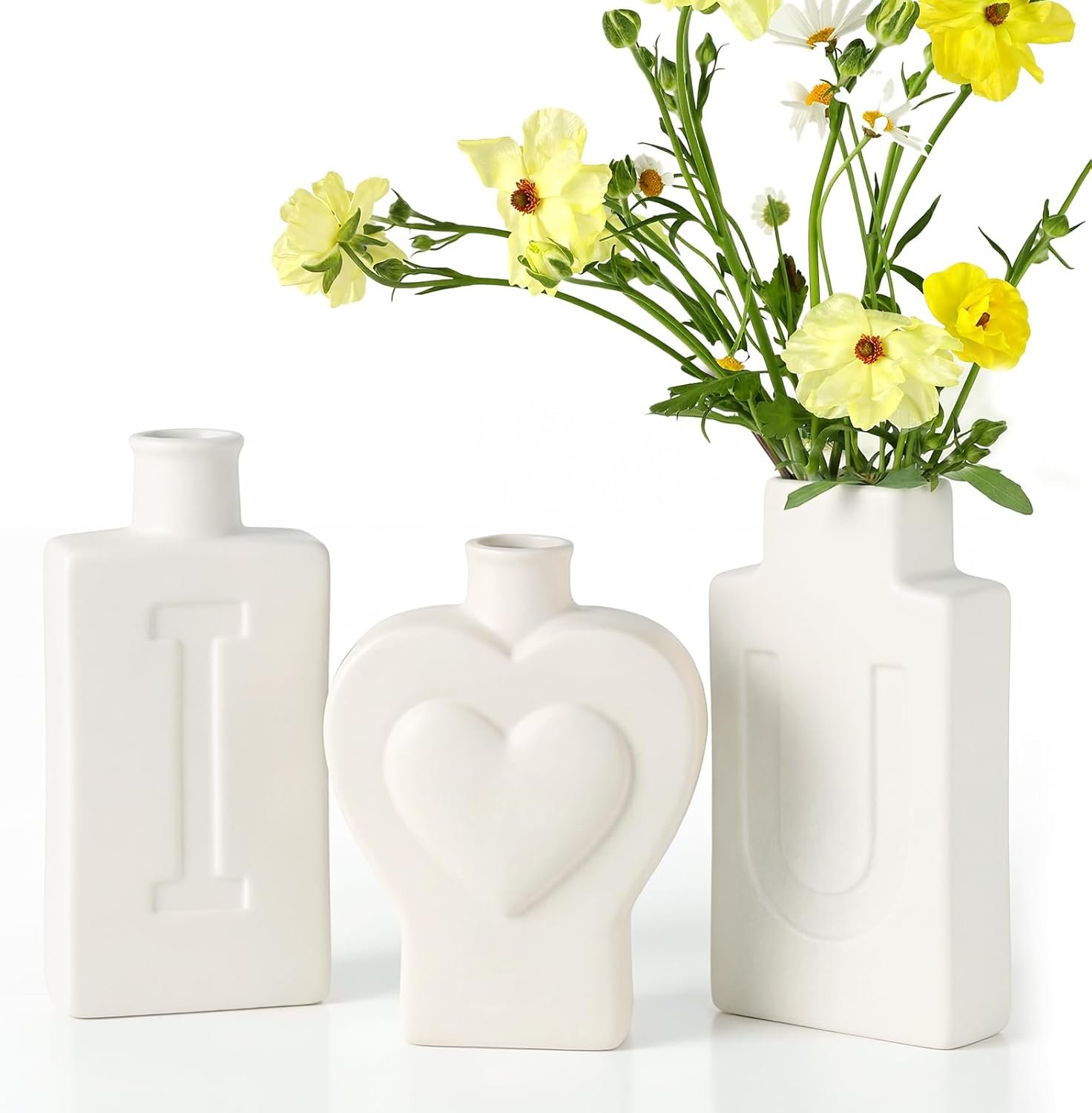 White Heart Ceramic Vase Set of 3, I Love U Matte Ceramic Vases for Home Decor, Minimalist Decorative Flower Vases for Shelf, Wedding Table Centerpiece