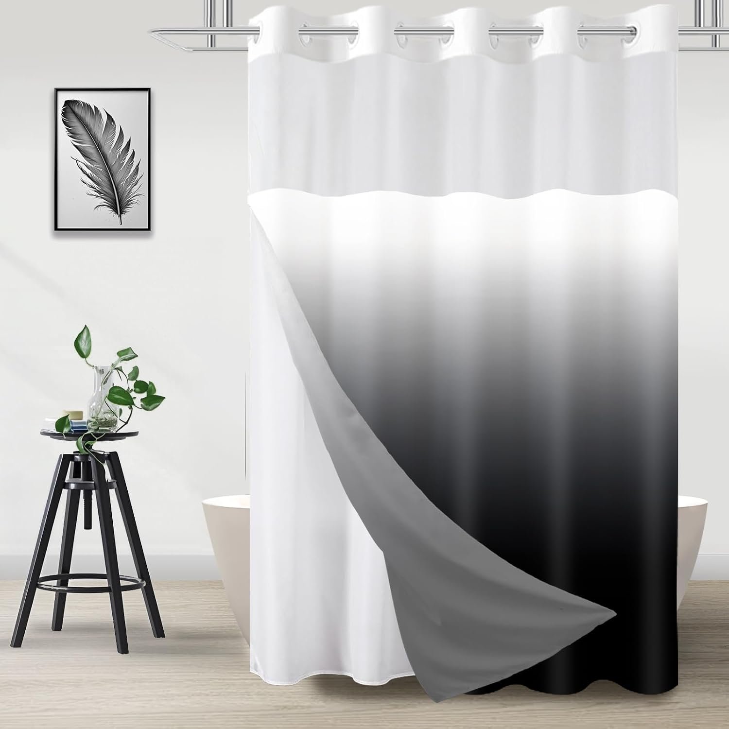 No Hook Shower Curtain with Snap in Liner, Black and White Shower Curtains and Liner Set, Ombre Black Hotel Fabric Bath Curtain for Bathroom, Mesh Top Window Waterproof Washable, 71″ x 74″