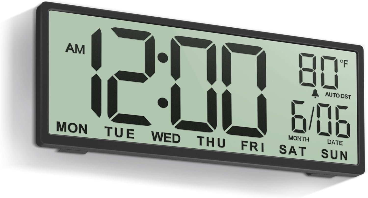 JALL 14.5″” Large Digital Wall Clock Alarm, with Big LCD Screen Dispaly, Auto DST, Temperature for Living Room, Bedroom, Desk Decor, Mounted, Gift for elderly, Black