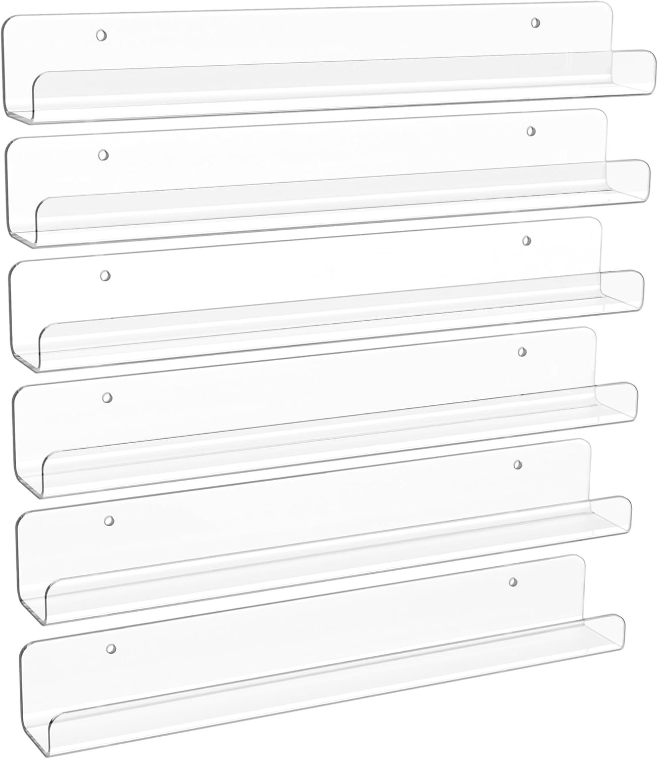 upsimples 6 Pack Narrow Clear Acrylic Shelves, 12″ x 1.7″ Small Wall Shelf for Nail Polish, Vinyl Wall Mount, Record Holder, Magazine Rack, Comic Display, Picture Ledge Shelf