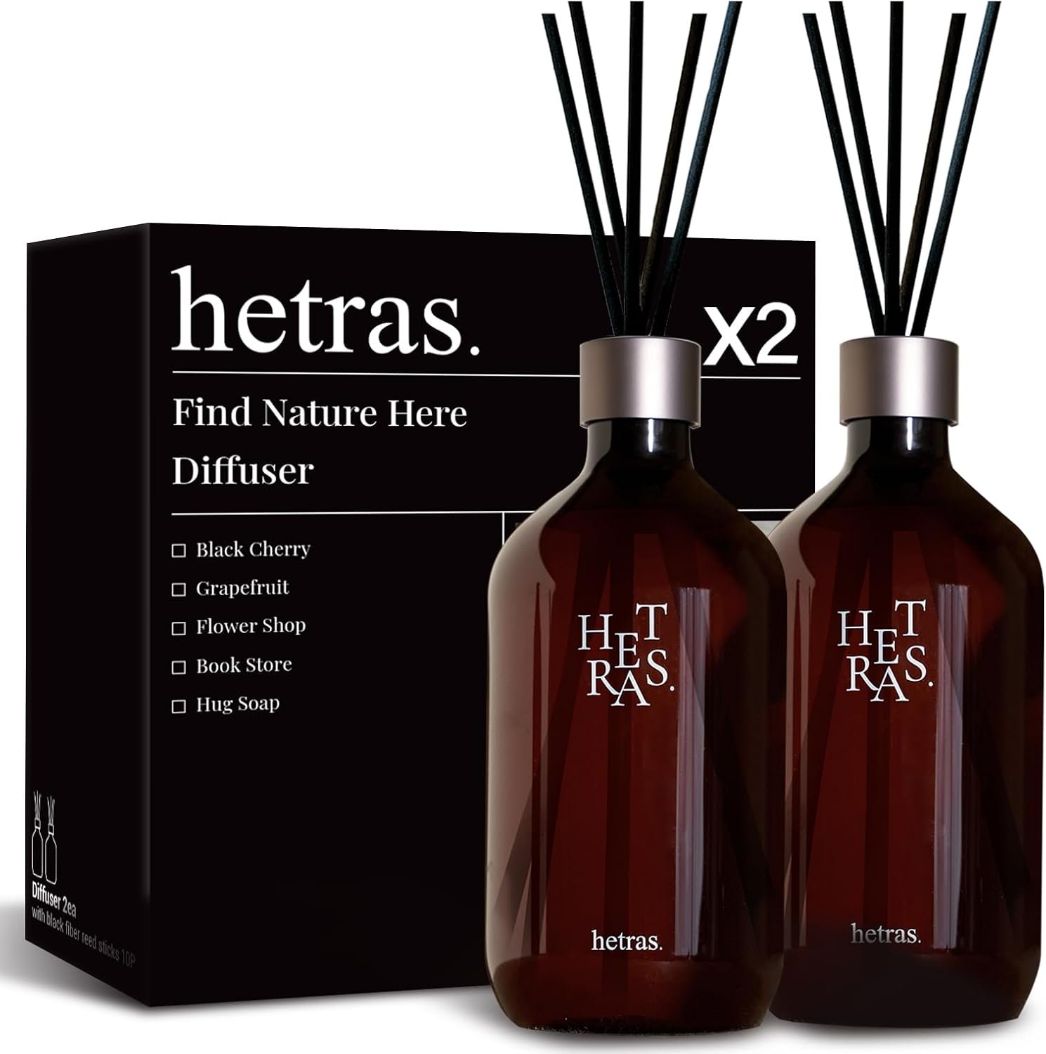 hetras Premium Reed Diffuser Set (Hotel Wood Scent)–Large Capacity Value 2-Pack | 16.9 fl.oz (500ml) x 2 Bottles with 10 Reed Sticks Total | Warm Woody & Musk Aroma | Luxury Decor & Gift