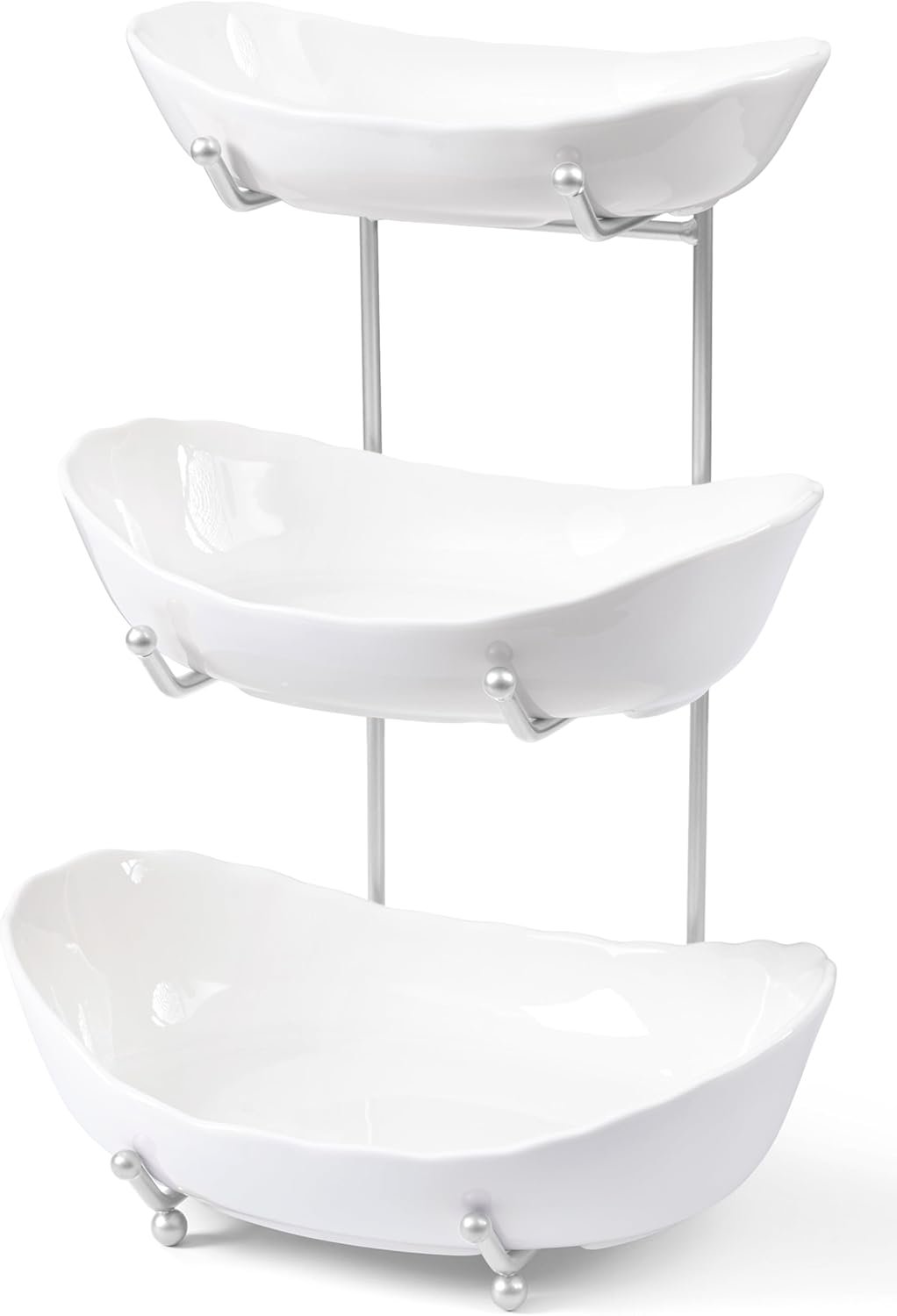HBlife Fruit Bowl for Kitchen Counter – 3 Tier Ceramic Fruit Bowl Holder with Metal Stand, Tiered Fruit Basket for Fruit and Vegetable Storage, Serving Trays for Party