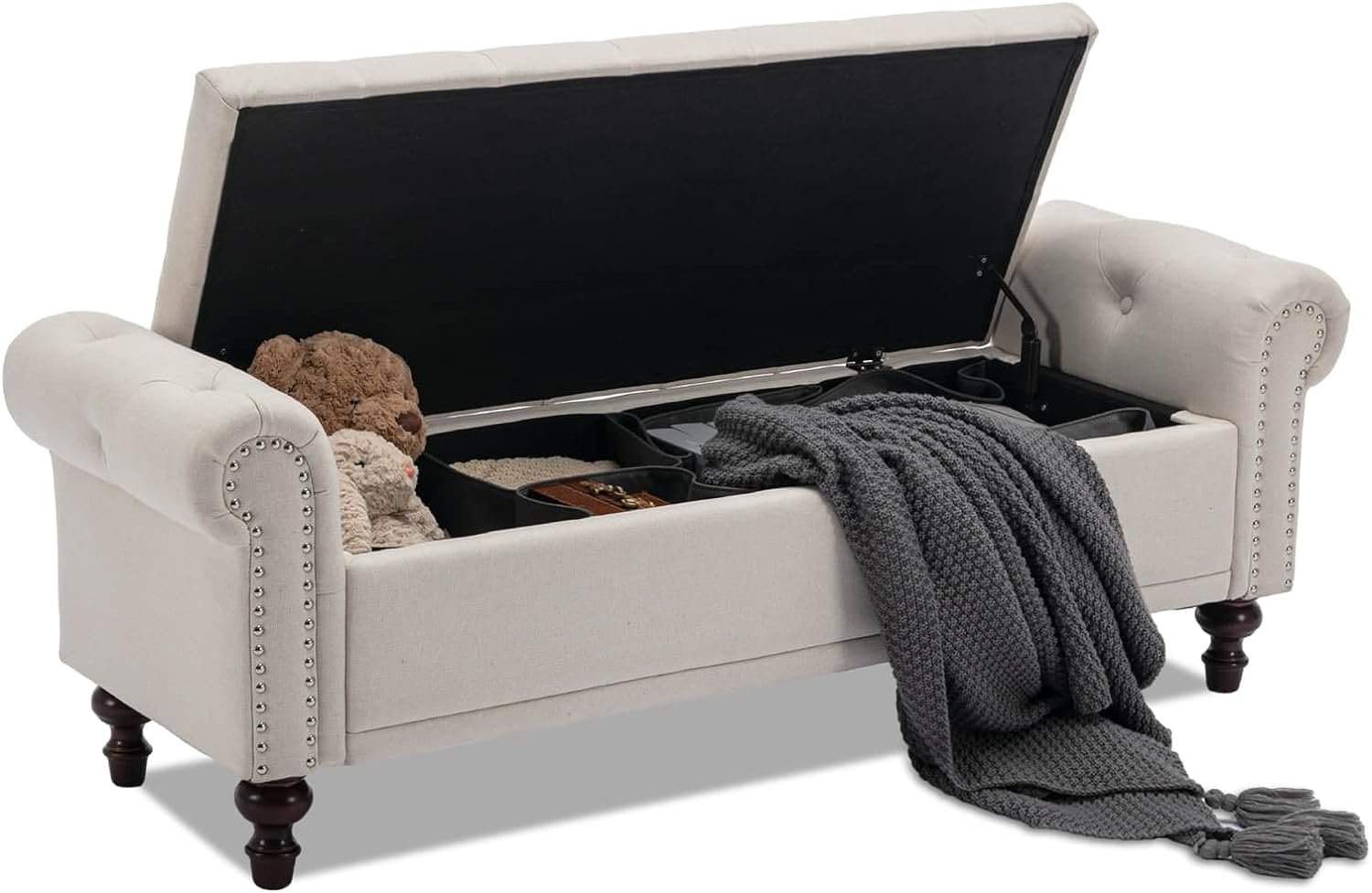 SOFTHION 58.1″ Storage Bench Upholstered Linen End of Bedroom Bed Bench Ottoman with Tufted Cushioned Rolled Arm Large Storage Space for Reading Living Room Entryway, Beige