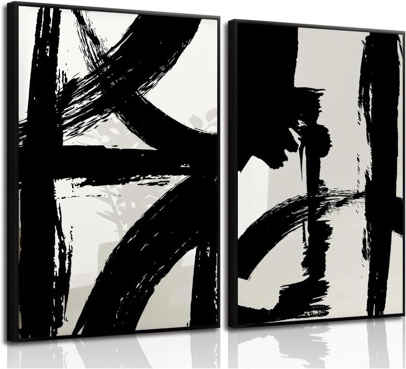 Modern Abstract Black and White Wall Art Minimalist Canvas Wall decor Retro Mid-Century Geometric Prints Contemporary Brushstroke Artwork for Living Room Bedroom Office Decoration (12inx16in Framed)