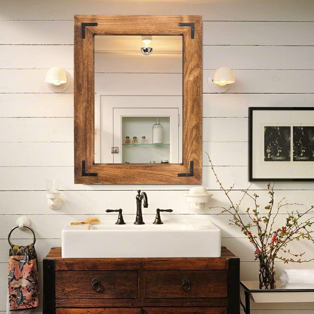 YOSHOOT Rustic Wooden Framed Wall Mirror, Natural Wood Bathroom Vanity Mirror for Farmhouse Decor, Vertical or Horizontal Hanging, 32″ x 24″, Brown