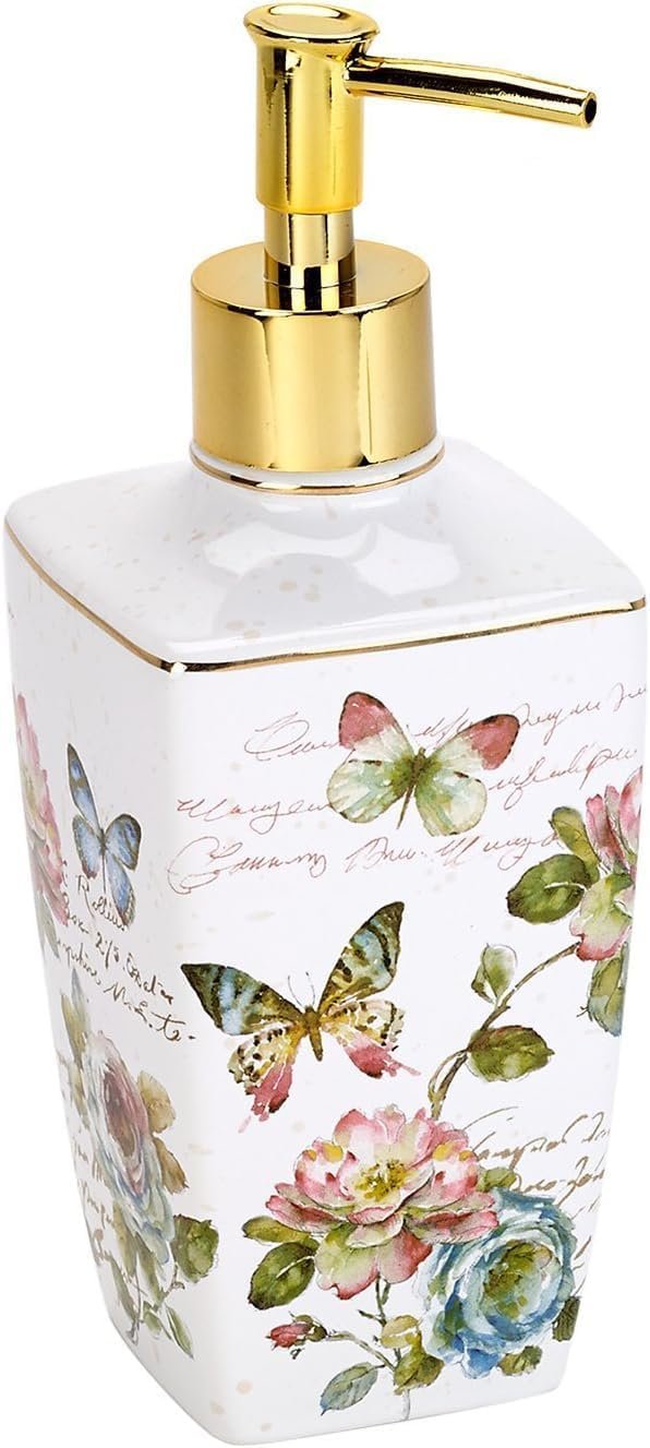 Avanti Linens – Lotion Pump/Soap Dispenser, Ceramic Countertop Accessories, Artistic Home Decor (Butterfly Garden Collection)