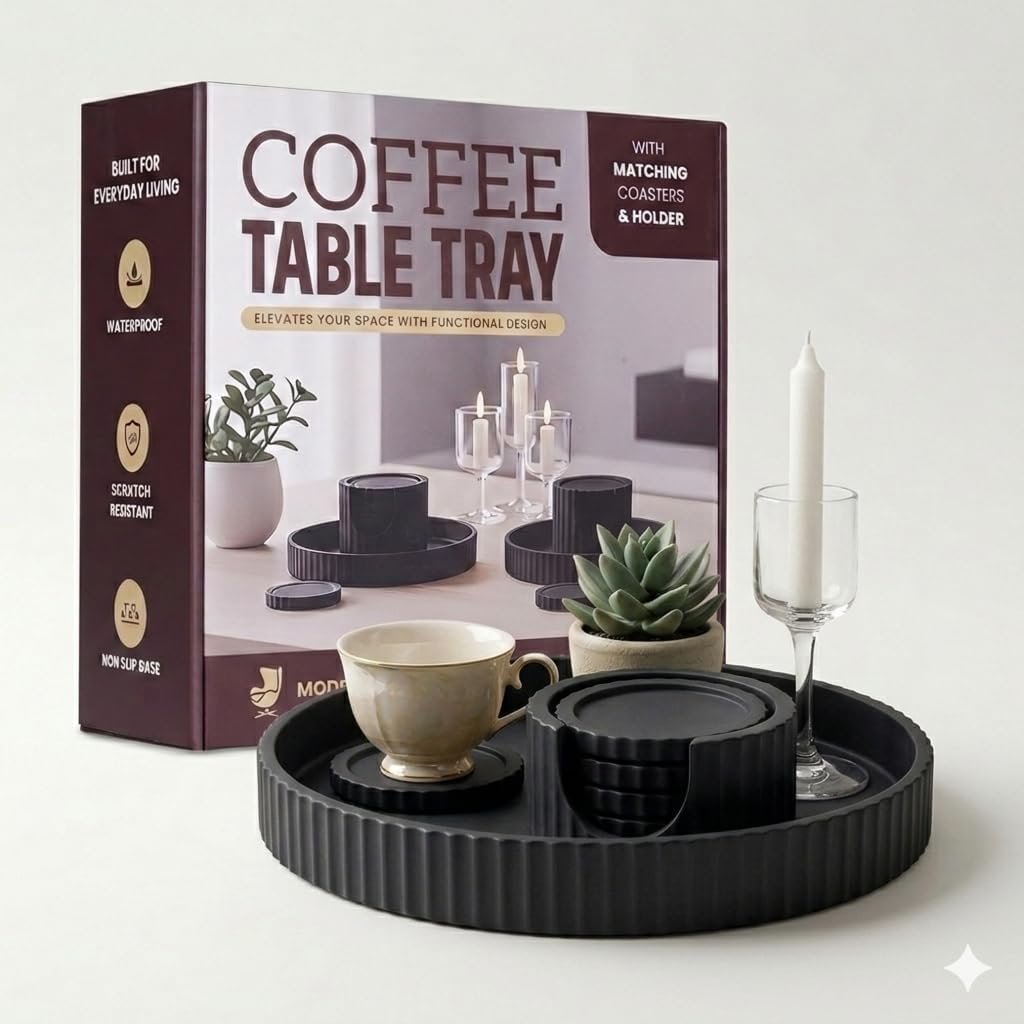 Decorative Coffee Table Ottoman Tray with Coasters | Modern Neutral Home Decor Accent | Console Table Decor | Kitchen Table Centrepiece | Luxury Apartment Decor | Decorative Centerpieces for Tables