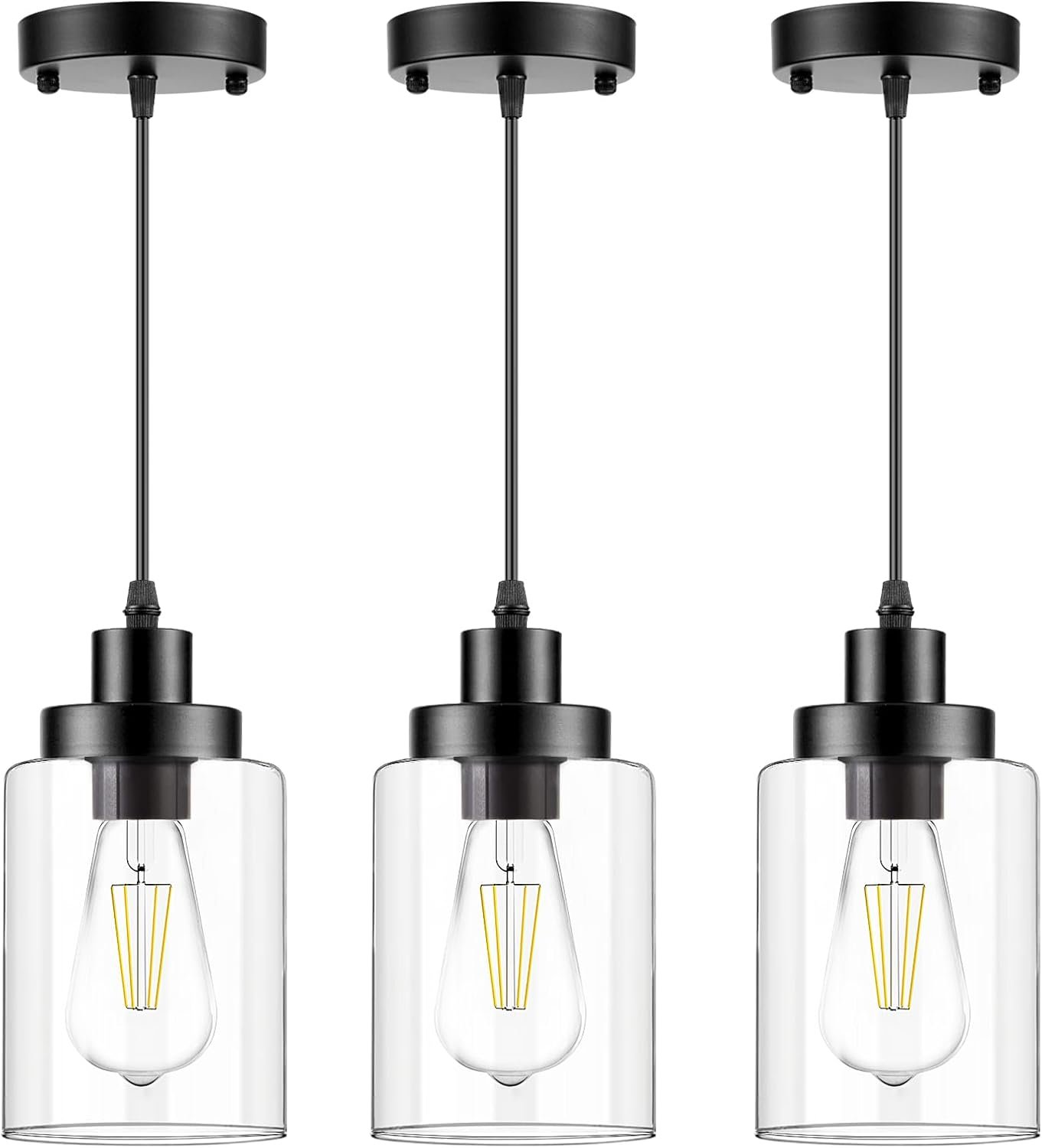 WimiSom Industrial Pendant Lighting, Modern Clear Glass Shade Farmhouse Adjustable Hanging Light Fixtures for Kitchen Island Living Room Bedroom Hallway, 3-Pack