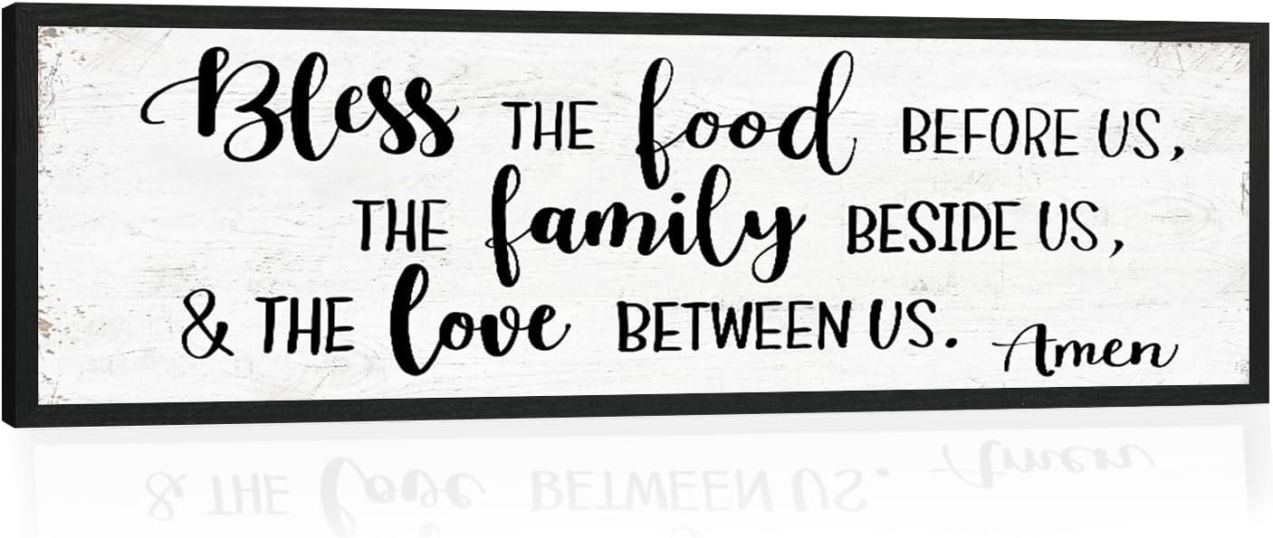 Bless the Food Before Us Wall Decor: Farmhouse Rustic Kitchen Signs Wall Decor Framed Hanging Wall Plaques 12″ x 40″,Inspirational Quotes The Family Beside Us Signs