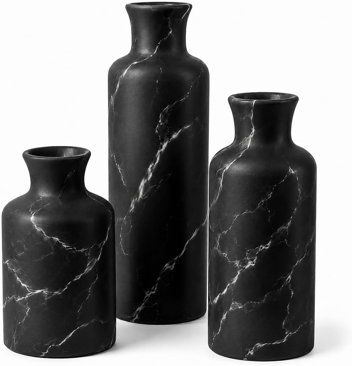 Creative Scents Black Marble Look 3pc Vase Set – Boho Vases for Decor, Modern Vases for Holding Pampas Grass, Dried/Fresh Flowers, Vases for Living Room – Kitchen, Bedroom, Office, Shelf Decor