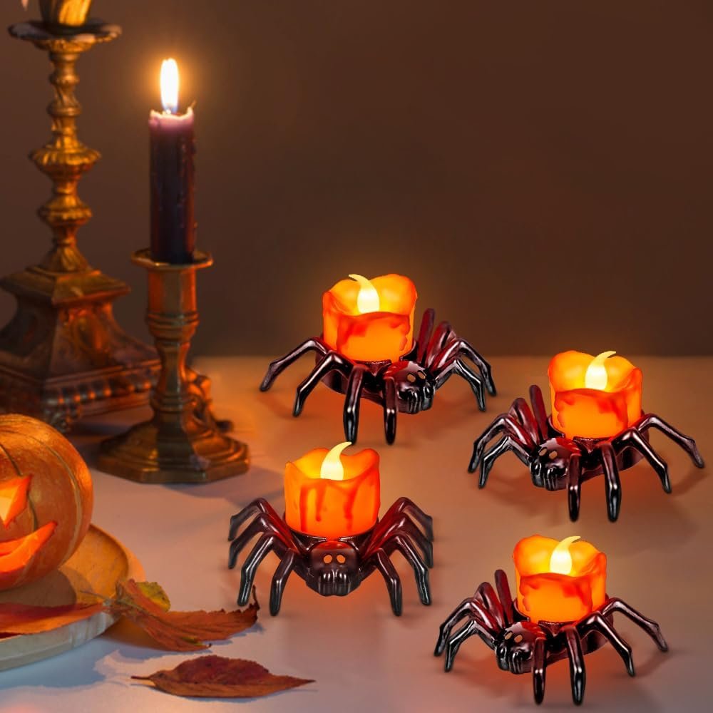 6 PCS Halloween Tea Lights Candles, Battery Operated Halloween’s Flameless LED Candles, Spider Tealights Spooky Electric Flickering Fake Candle for Halloween Party Decorations