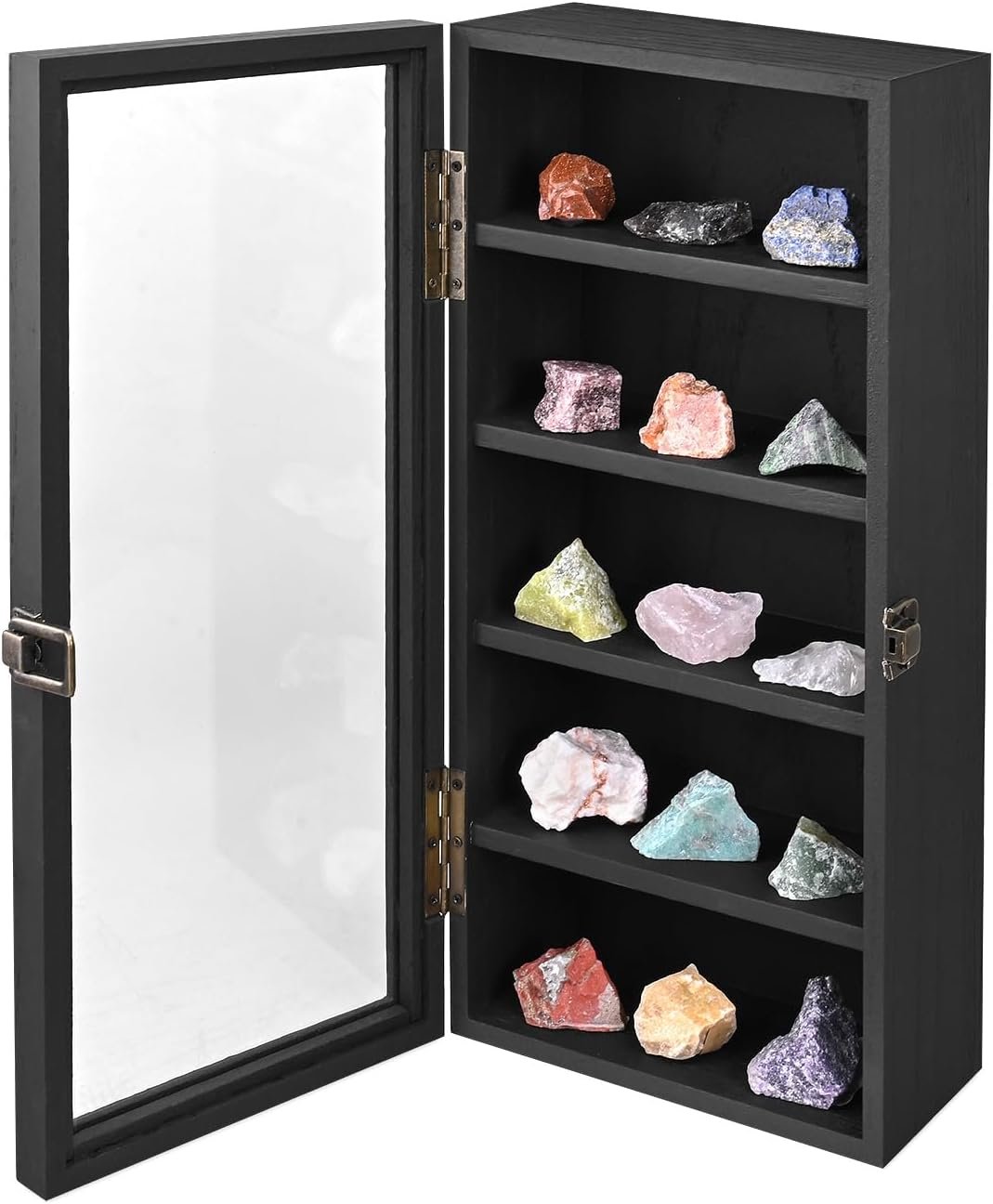 Ikee Design Wall Mounted Wooden Collectible Display Case 5 Shelf Display Storage Accessories with Tempered Glass Door, Black Color