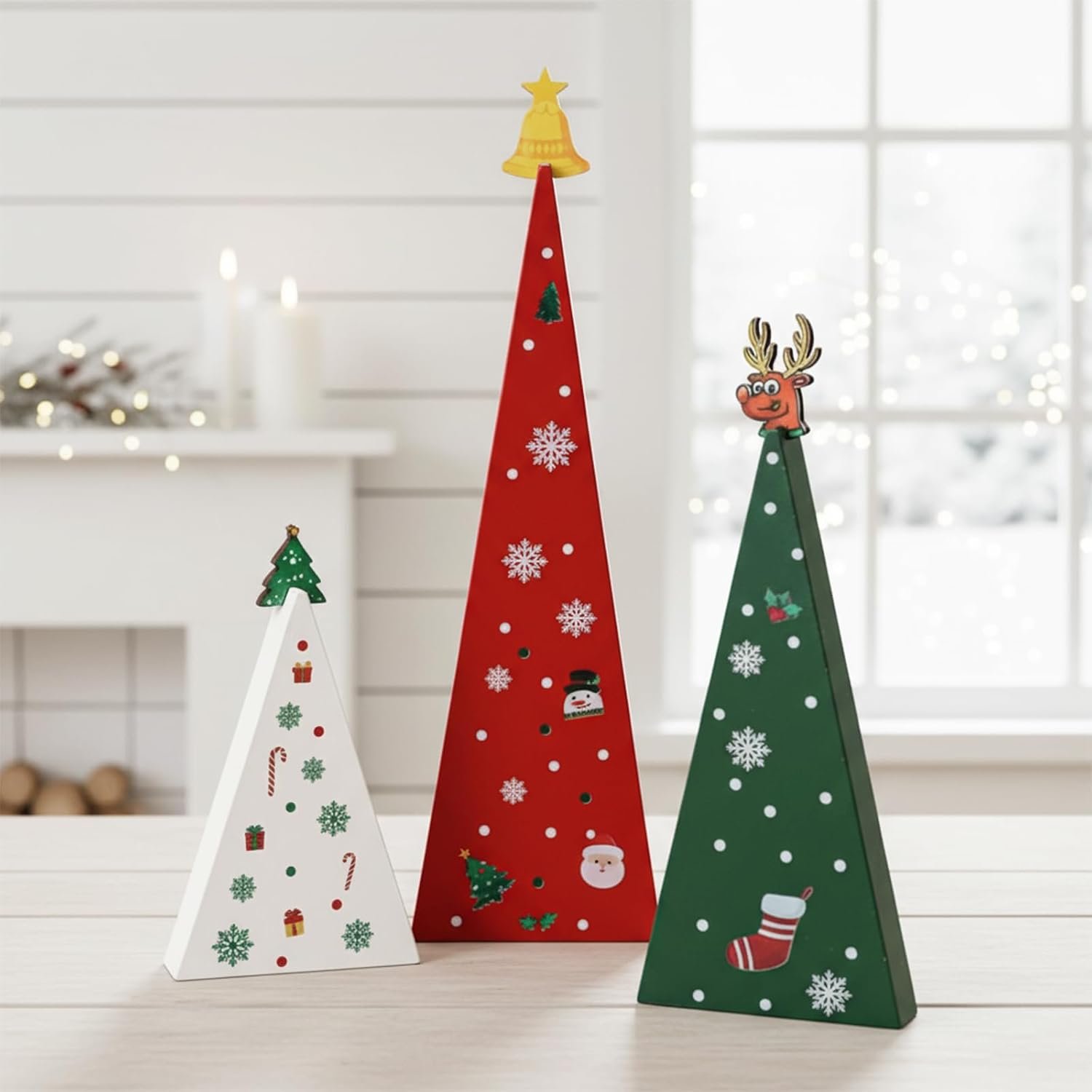 Amyhill 3 Pcs Wooden Christmas Tree Table Centerpiece with Reindeer Bell Rustic Farmhouse Christmas Tabletop Decoration Tiered Tray Sign for Xmas Holiday Fireplace Mantel Shelf Home Decor