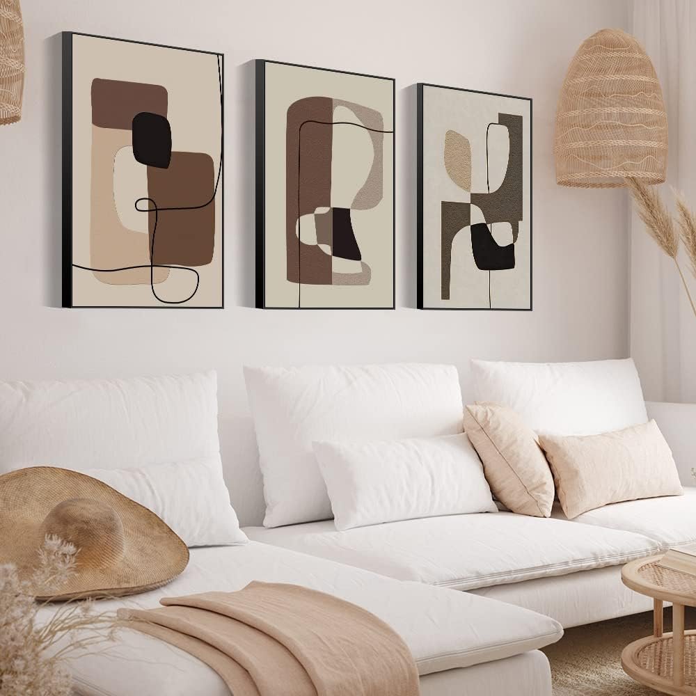 FCHUI Modern Aesthetic Decor 16″ x 24″ Framed Wall Art,Neutral Black, White And Gray Abstract Lines Color Block Canvas Posters & Prints, Home Wall Decor Living Room Bedroom Bathroom