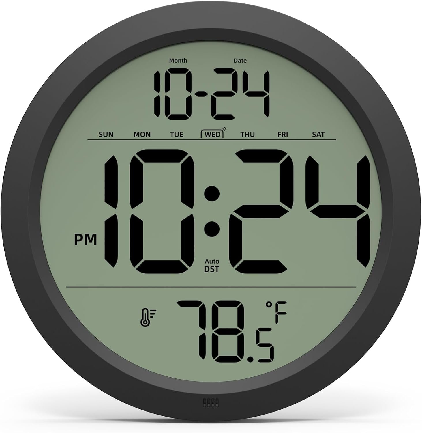 Digital Wall Clock Battery-Operated, 8 Inch Small Decorative Modern Wall Clock with Date, Temperature, Auto-DST, Silent Electric Wall Clock for Bedroom, Living Room, Kitchen, Office, Farmhouse -Black