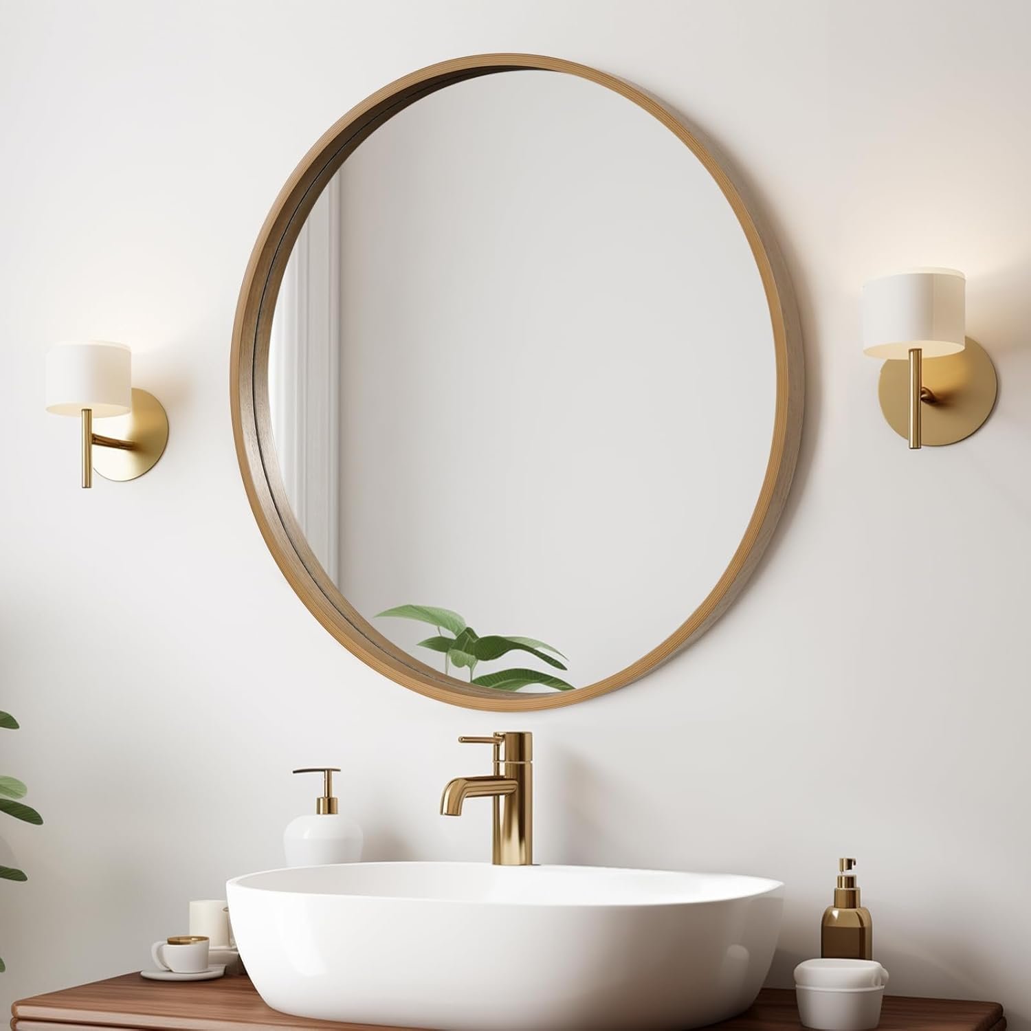 WallBeyond Round Wood Mirror 24″ Circle Wall Mirror for Bathroom Round Wall Mirror for Wall Decor, Vanity, Entryway Living Room, Honey