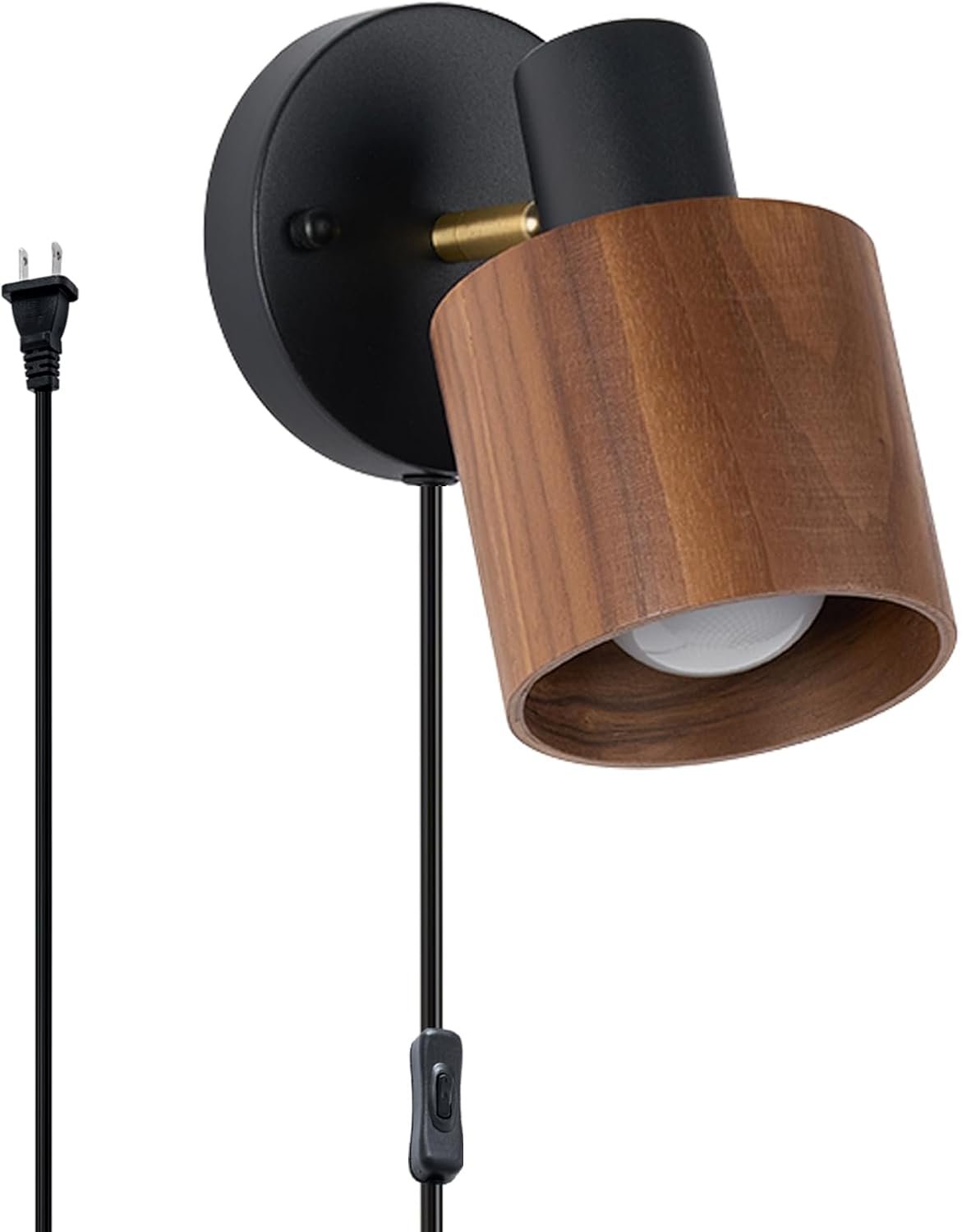 Modern Black Plug-in Wall Lamp | Real Walnut Wood Shade, Adjustable Directional Lighting, Industrial Wall Sconce, For Bedroom, Living Room, Home Office