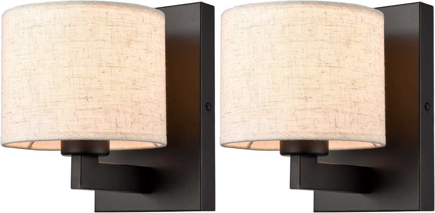 SAMTEEN Farmhouse Black Wall Sconces Set of Two Modern Fabric Shade Sconces Wall Lighting Black Wall Lamp with Drum Shade for Bedroom Bedside Living Room (Beige Shade)