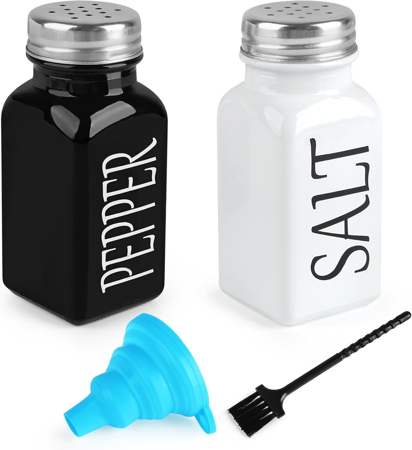 Accmor Salt and Pepper Shakers Set, 3oz Glass Salt Pepper Shaker Containers with Stainless Steel Lids for Rustic, Farmhouse, Home Kitchen, Restaurant, Black White