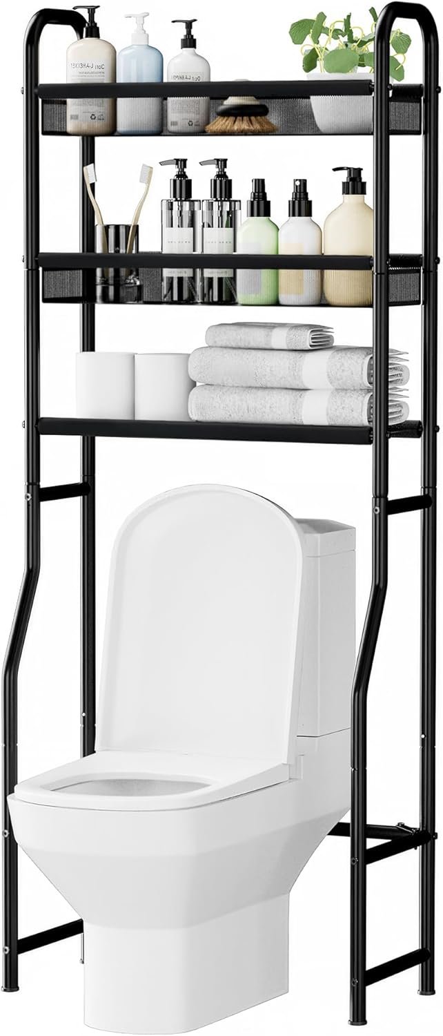 3 Tier Over The Toilet Storage Shelf, Black Bathroom Over The Toilet Storage Rack, Space Saving Above Toilet Storage Shelf with Vinyl Mesh Surface, Bathroom Toilet Shelf Rack Organizer