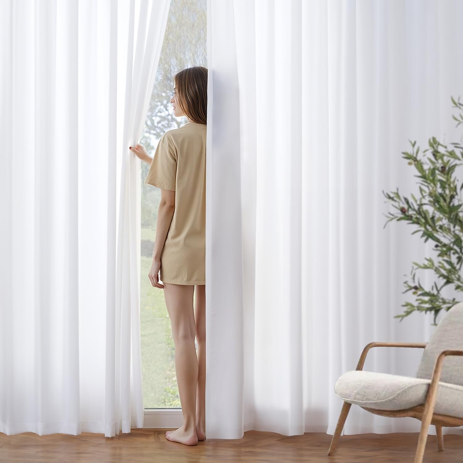 MIULEE White Privacy Sheer Curtains that Let Light in 84 Inches Long Non-See-Through Semi Sheer Curtains Light Filtering Window Curtains Drapes for Living Room Bedroom 2 Panels Set