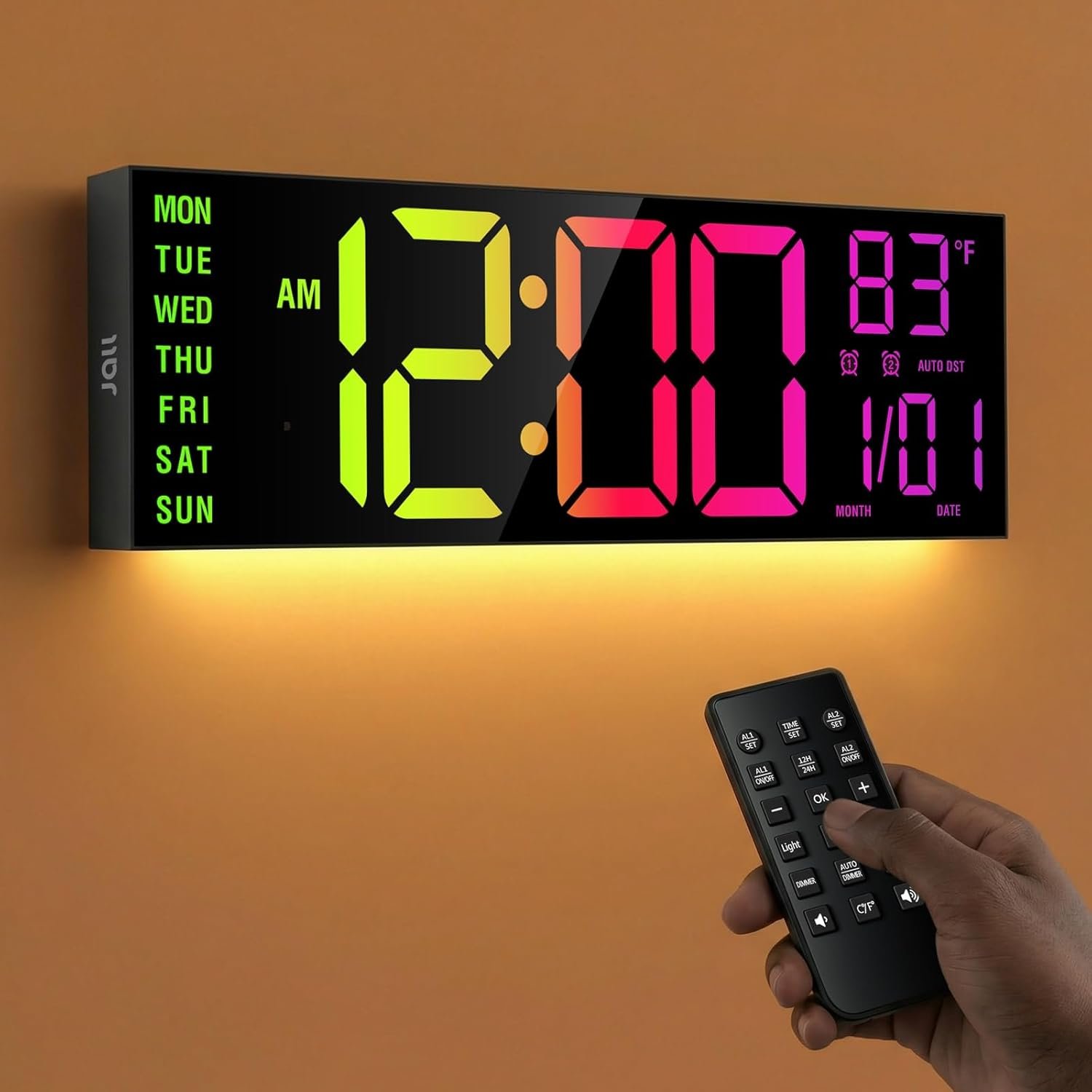 JALL 16″ Large Digital Wall Mount Clock, Count Down Timer, Alarm, Big LED, RGB Color, DST, Temperature for Living Room Classroom Desk, Xmas, Birthday Gift for Senior Mom Dad (Black, 16 inches)