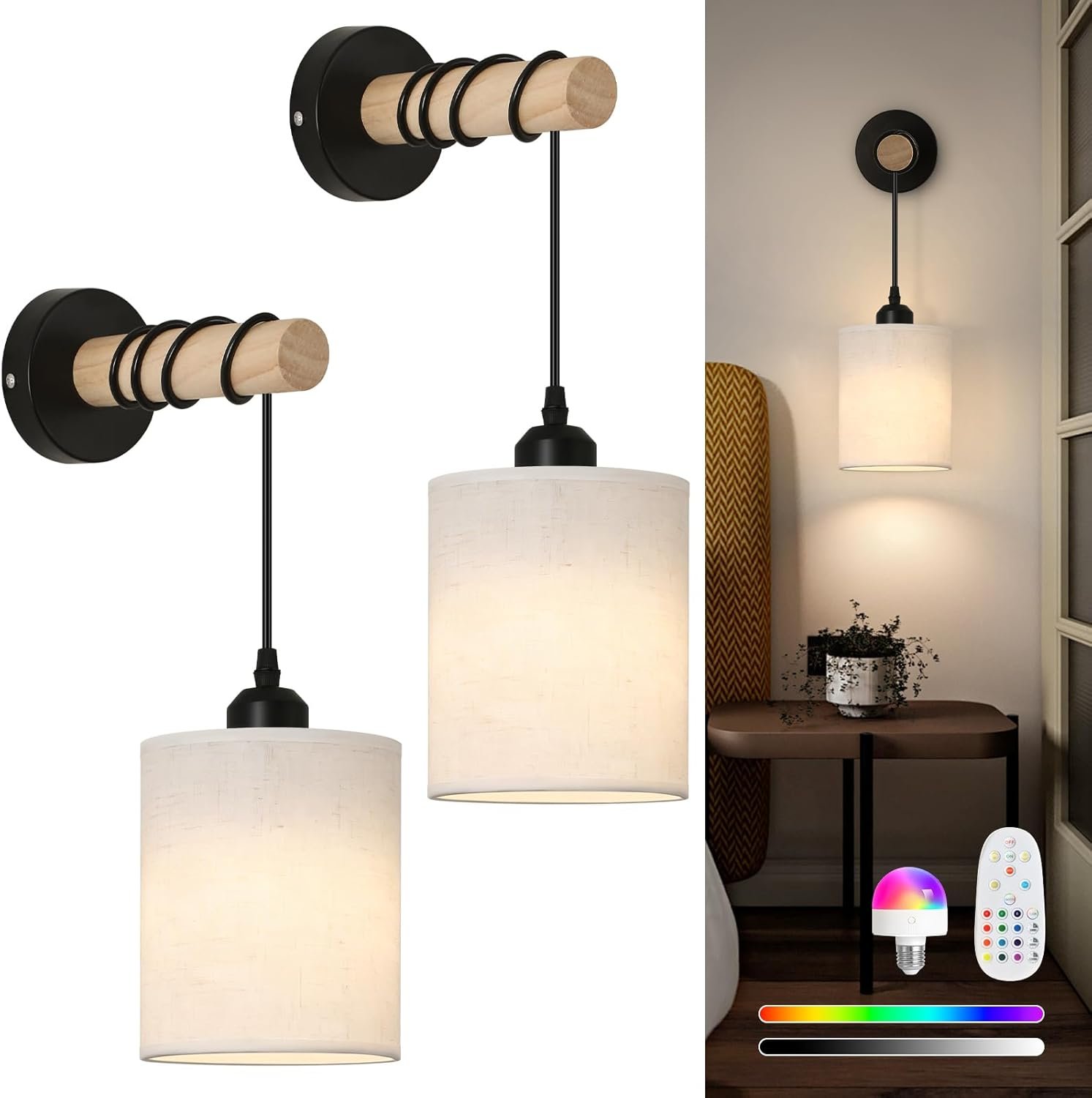 Battery Operated Wall Sconces Set of 2,Rechargeable Wireless Wall Lights with RGB & Dimmable Remote, No Wiring Renter Friendly, Modern Wood & Linen Wall Lamps for Bedroom Bedside Living Room.