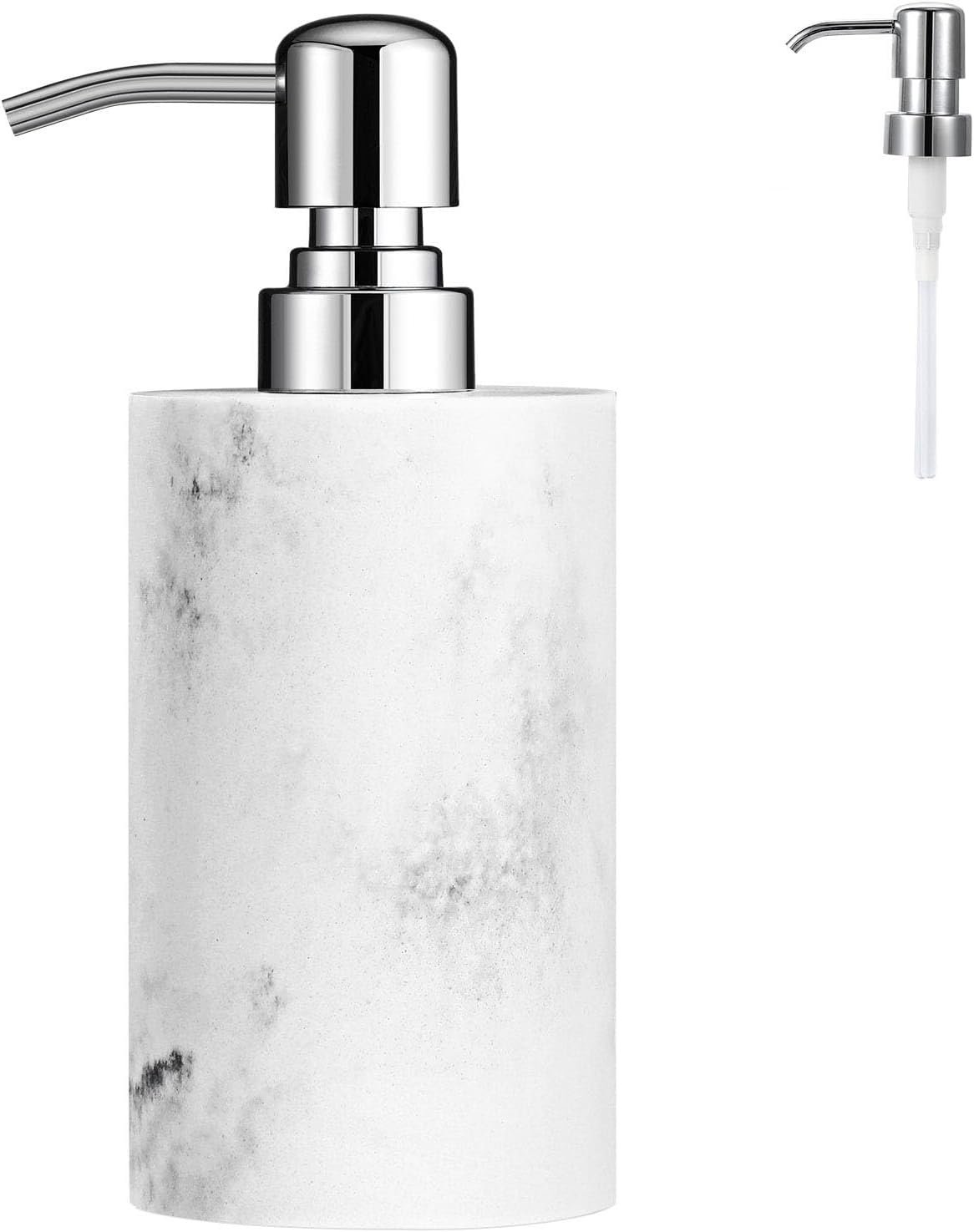Luxspire Soap Dispenser, Cylinder-Shaped Marble Lotion Liquid Soap Pump Bottles, Refillable Shampoo Container, Decorative Hand Soap Resin Jar for Bathroom, Kitchen – White Marble