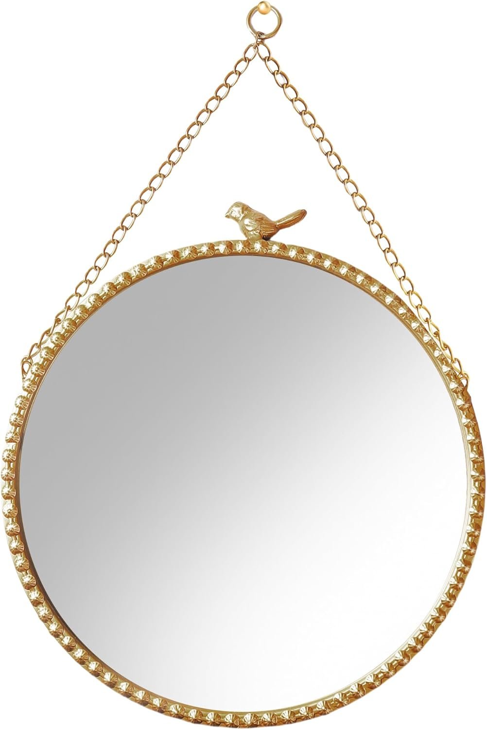 9.8 Inch Small Vintage Gold Round Wall Mirror with Sparrow Design-Iron Framed Mirror for Bathroom, Bedroom Or Dressing Room-Small Wall Mounted Mirror with Metal Bead Accents