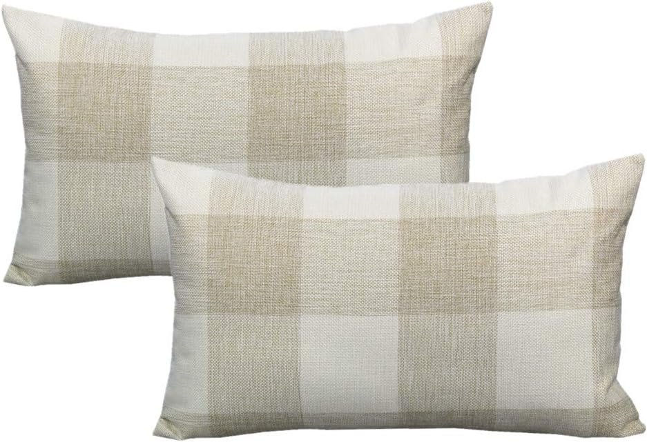 VAKADO 12×20 Inch Farmhouse Throw Pillow Covers Beige White Buffalo Plaids Decorative Farm Retro Checkers Linen Lumbar Cushions Home Decor for Sofa Couch Set of 2