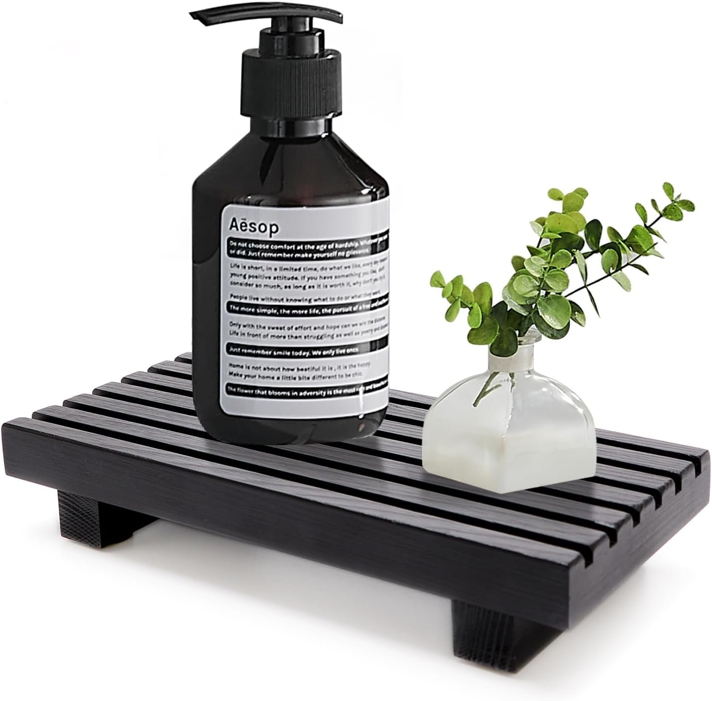 Renawe Small Black Bathroom Decor Tray for Counter Dish Soap Holder Wooden Pedestal Stand for Kitchen Sink Soap Dispenser Wood Risers Kitchen Accessories Countertop Vanity Counter Sponge Sink Tray