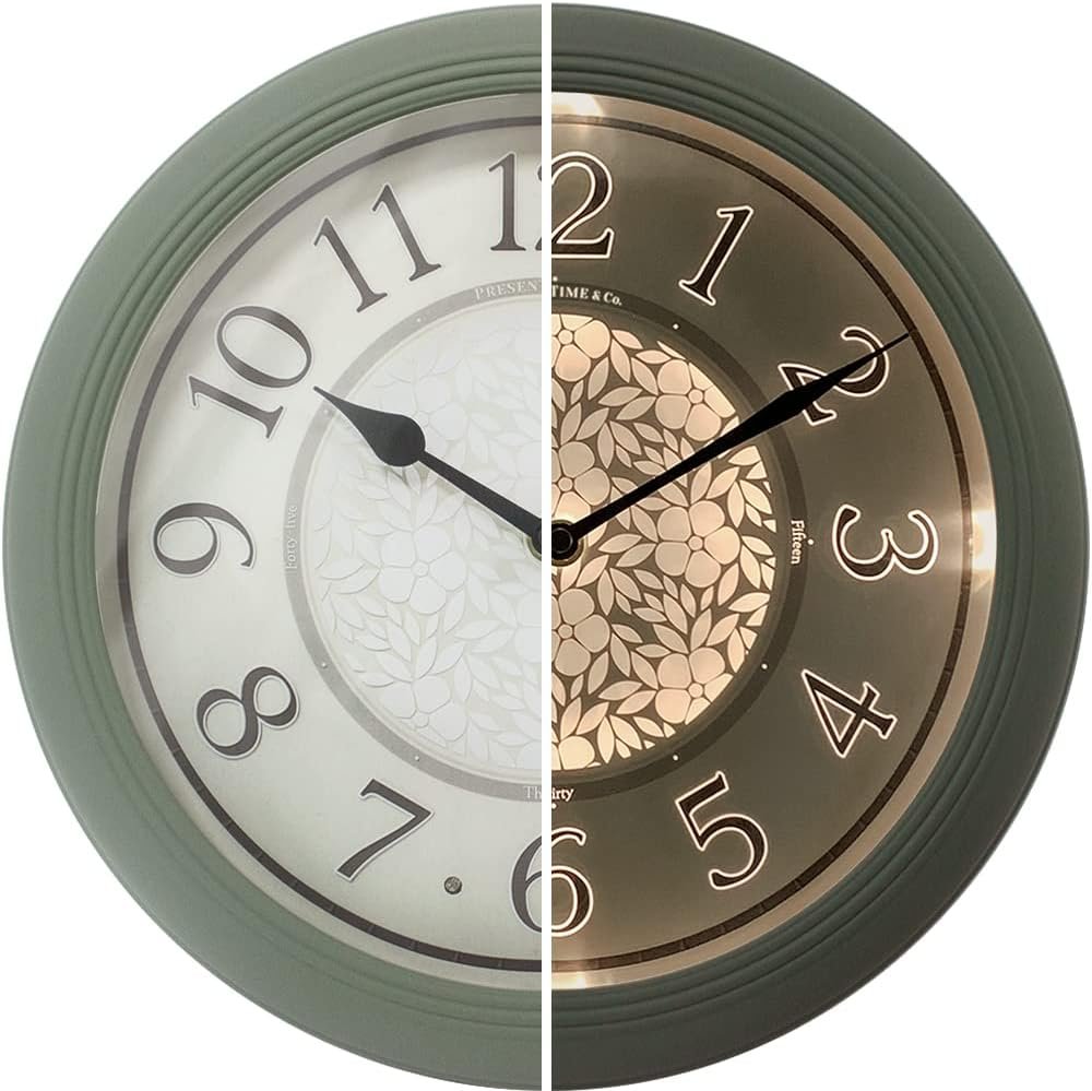 Presentime & Co. 12.6″ Illuminated Farmhouse Wall Clock, Silent Battery Operated Night Light Wall Clock with Smart LED Sensor for Living Room, Bathroom, Kitchen, Home Office, Sage Green